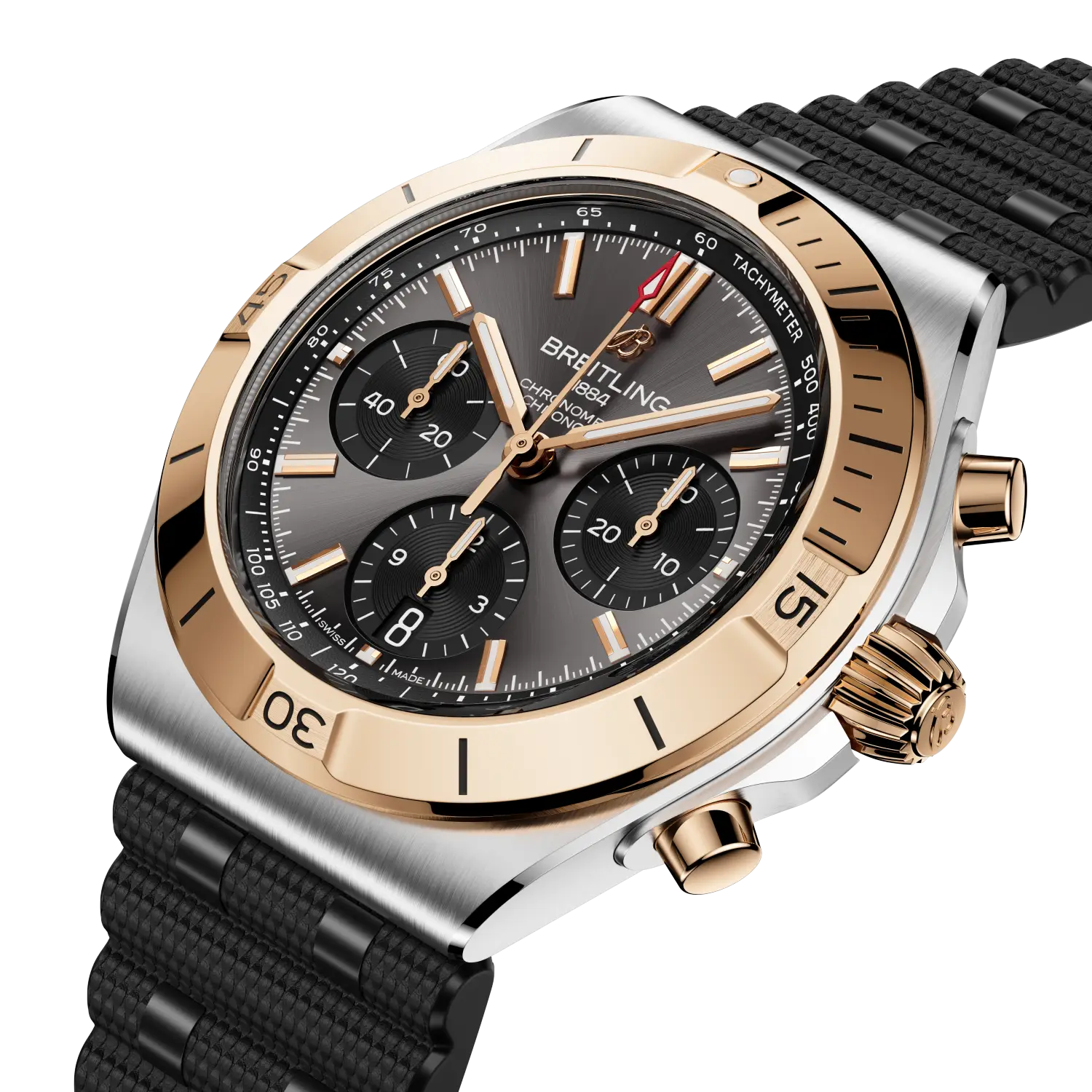 Breitling Chronomat B01 Chronograph 42 reference UB0158101B1S1 with Anthracite dial, Stainless steel & 18k red gold case, rubber strap, three-quarter view