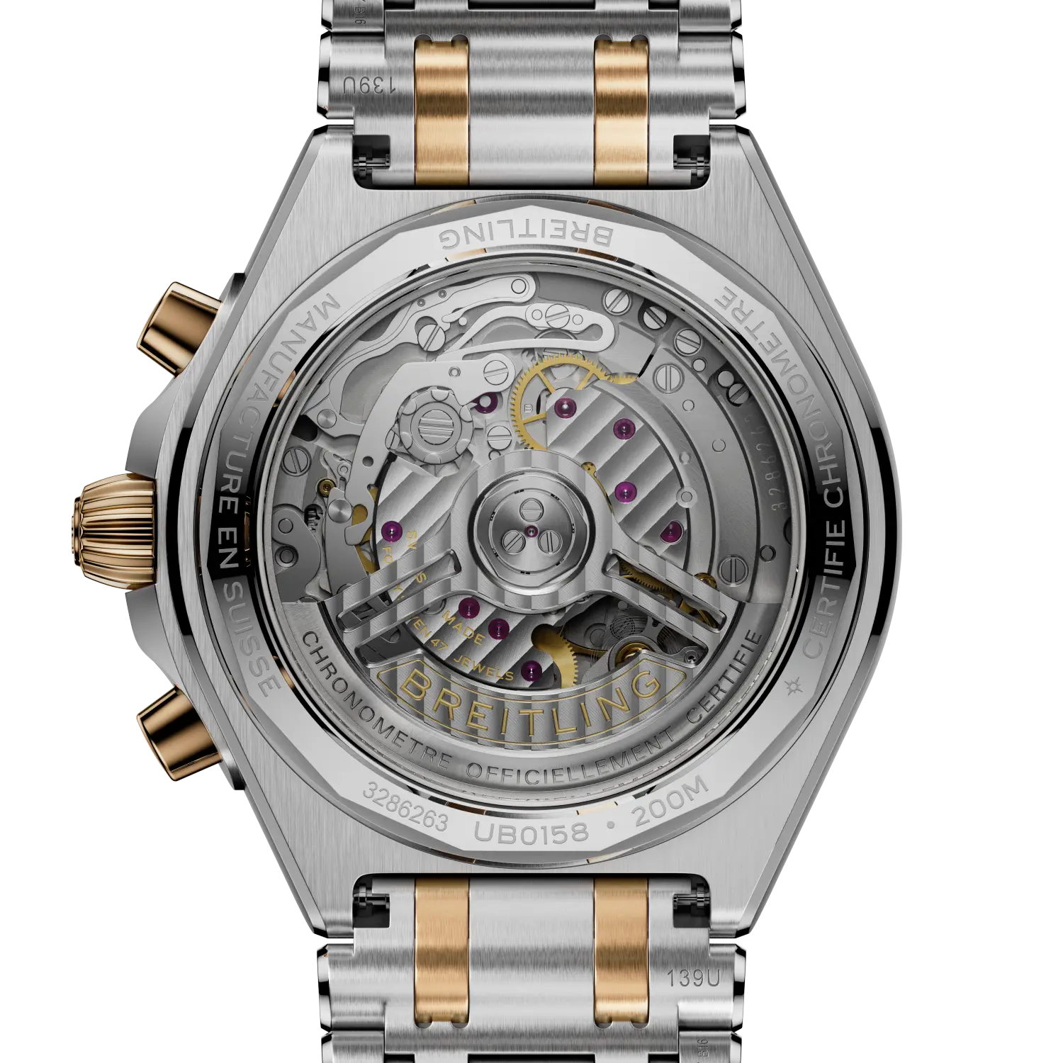 Caseback view of Breitling Chronomat B01 Chronograph 42 reference UB0158101B1U1