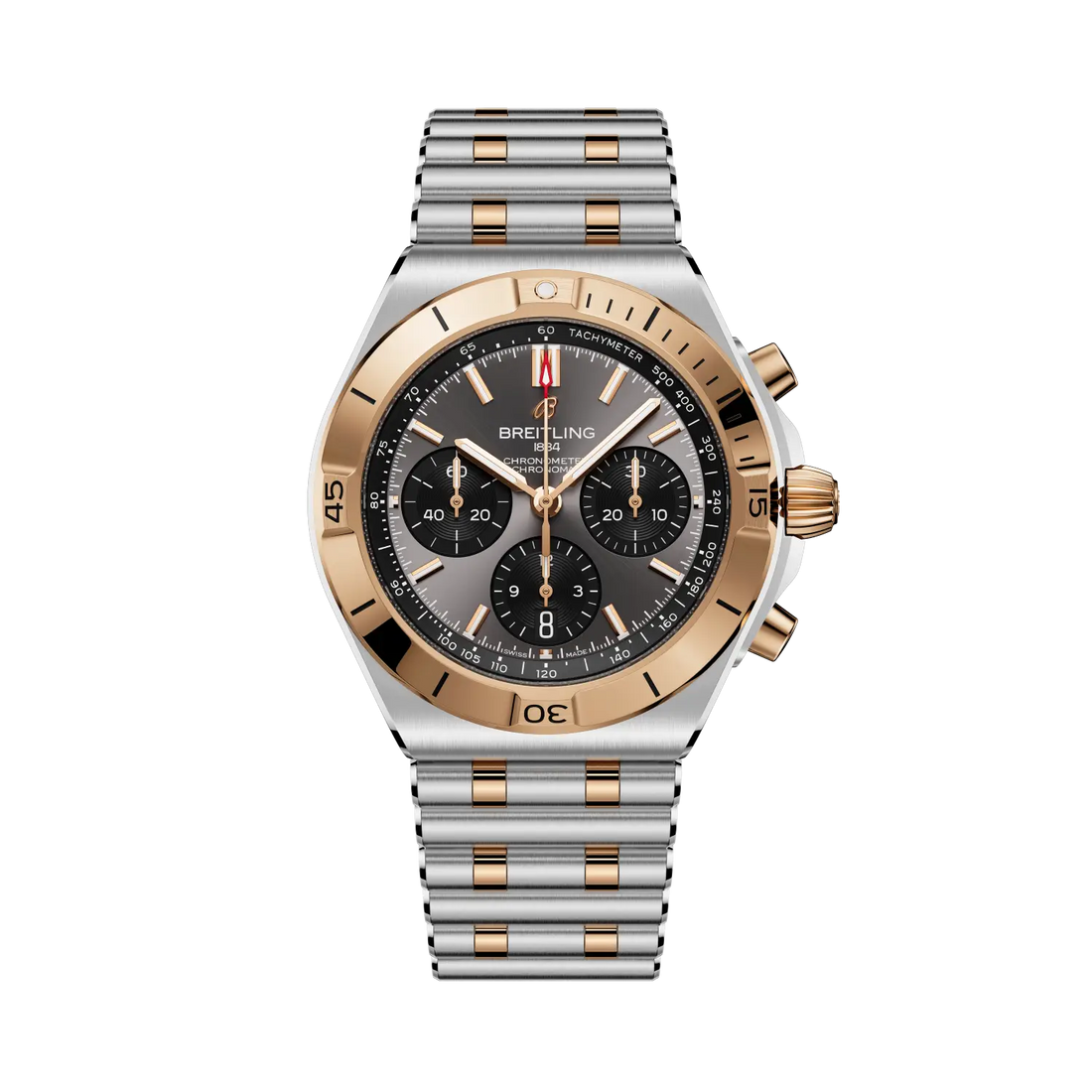 Breitling Chronomat B01 Chronograph 42 reference UB0158101B1U1 with Anthracite dial, Stainless steel & 18k red gold case, bracelet, front view