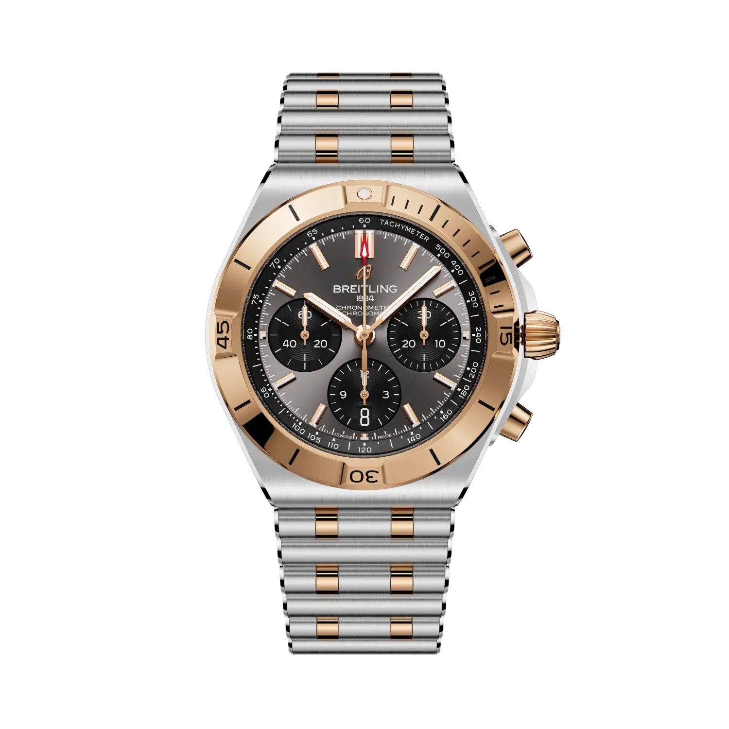 Breitling Chronomat B01 Chronograph 42 reference UB0158101B1U1 with Anthracite dial, Stainless steel & 18k red gold case, bracelet, front view