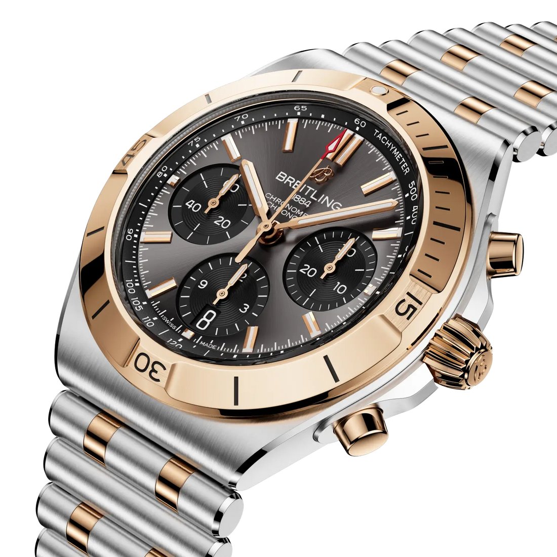 Breitling Chronomat B01 Chronograph 42 reference UB0158101B1U1 with Anthracite dial, Stainless steel & 18k red gold case, bracelet, front view