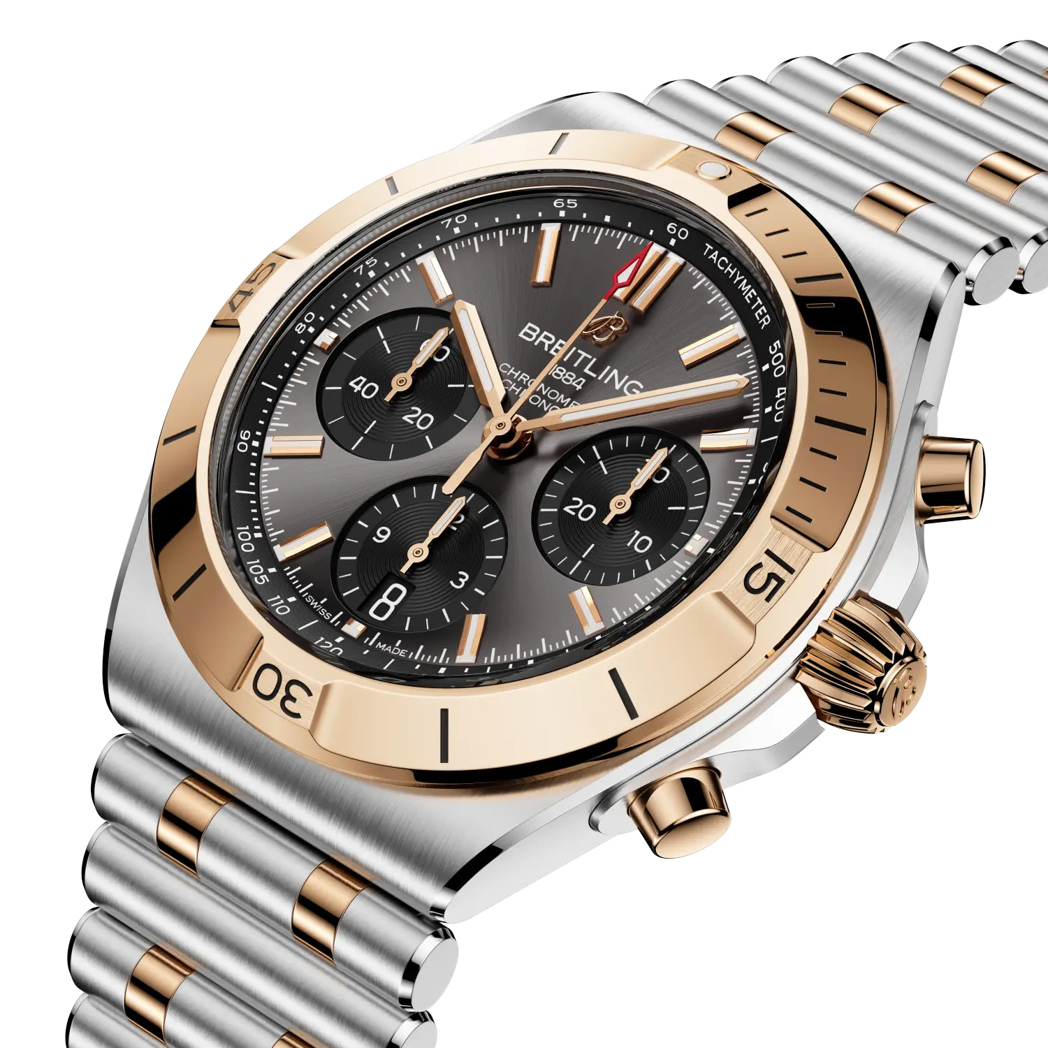 Breitling Chronomat B01 Chronograph 42 reference UB0158101B1U1 with Anthracite dial, Stainless steel & 18k red gold case, bracelet, three-quarter view