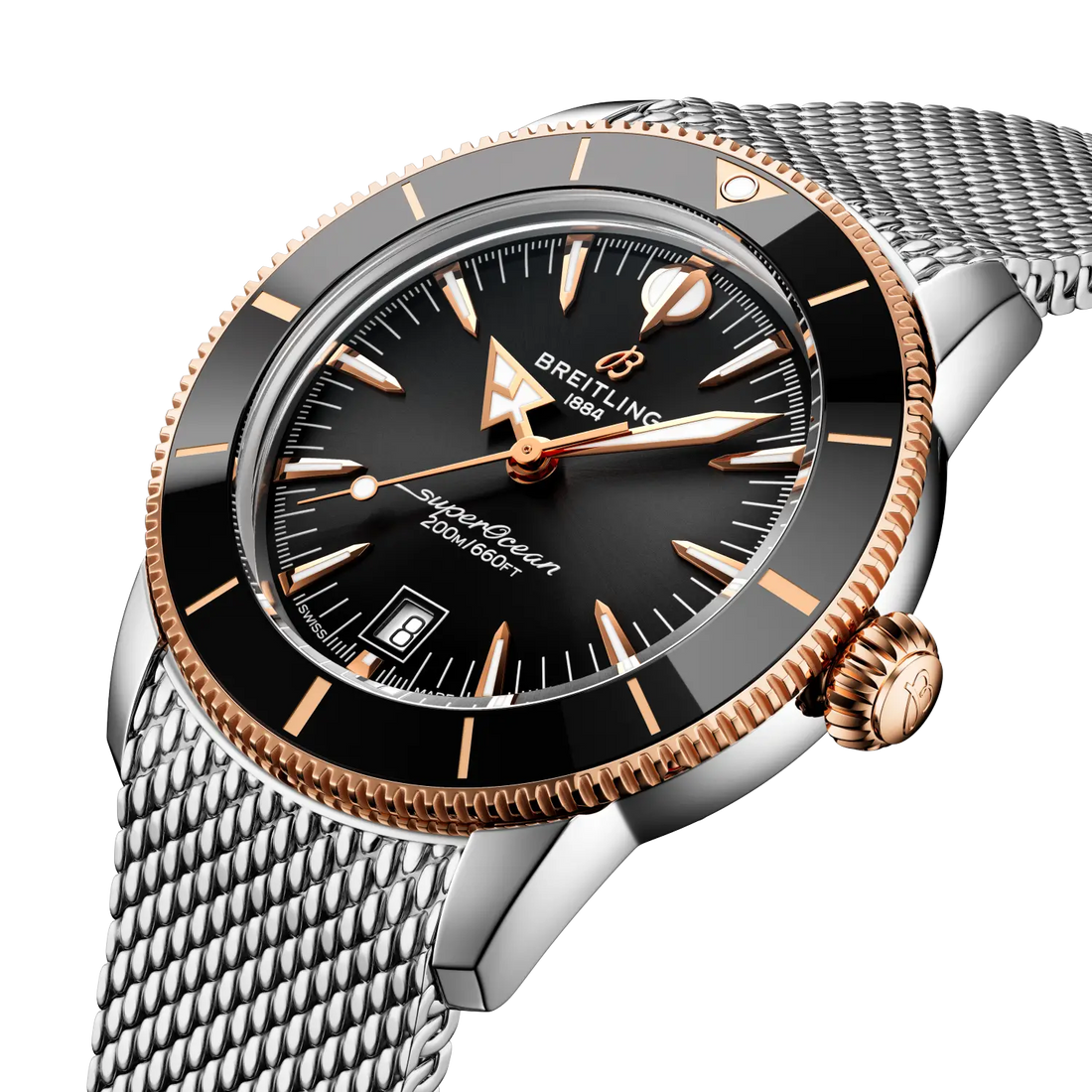 Breitling Superocean Heritage B31 Automatic 42 reference UB3111241B1A1 with Black dial, Stainless steel & 18k red gold case, bracelet, front view