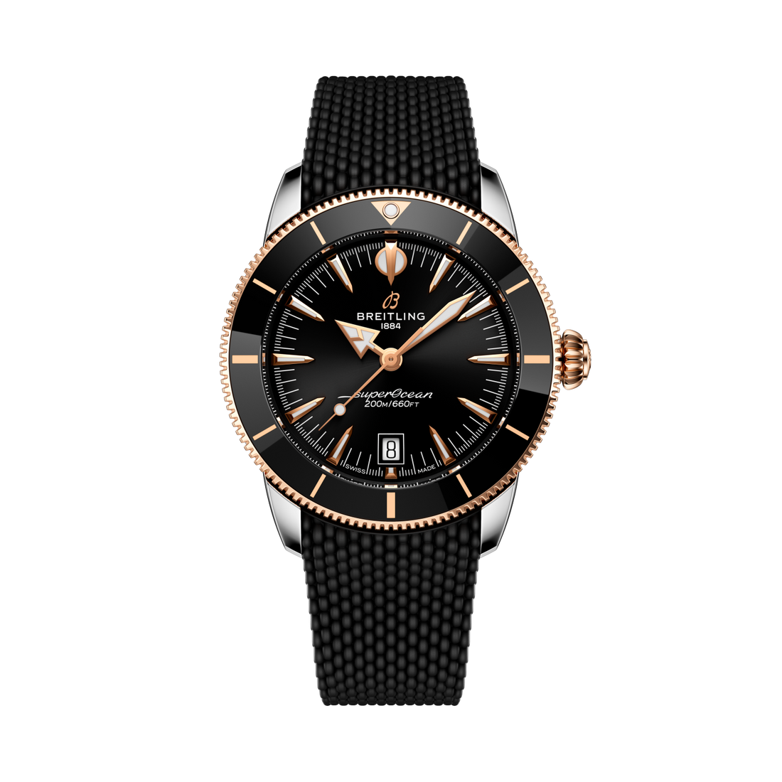 Breitling Superocean Heritage B31 Automatic 42 reference UB3111241B1S1 with Black dial, Stainless steel & 18k red gold case, black rubber strap, front view