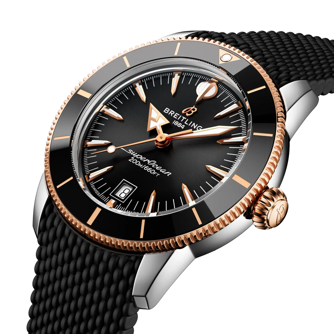Breitling Superocean Heritage B31 Automatic 42 reference UB3111241B1S1 with Black dial, Stainless steel & 18k red gold case, black rubber strap, front view