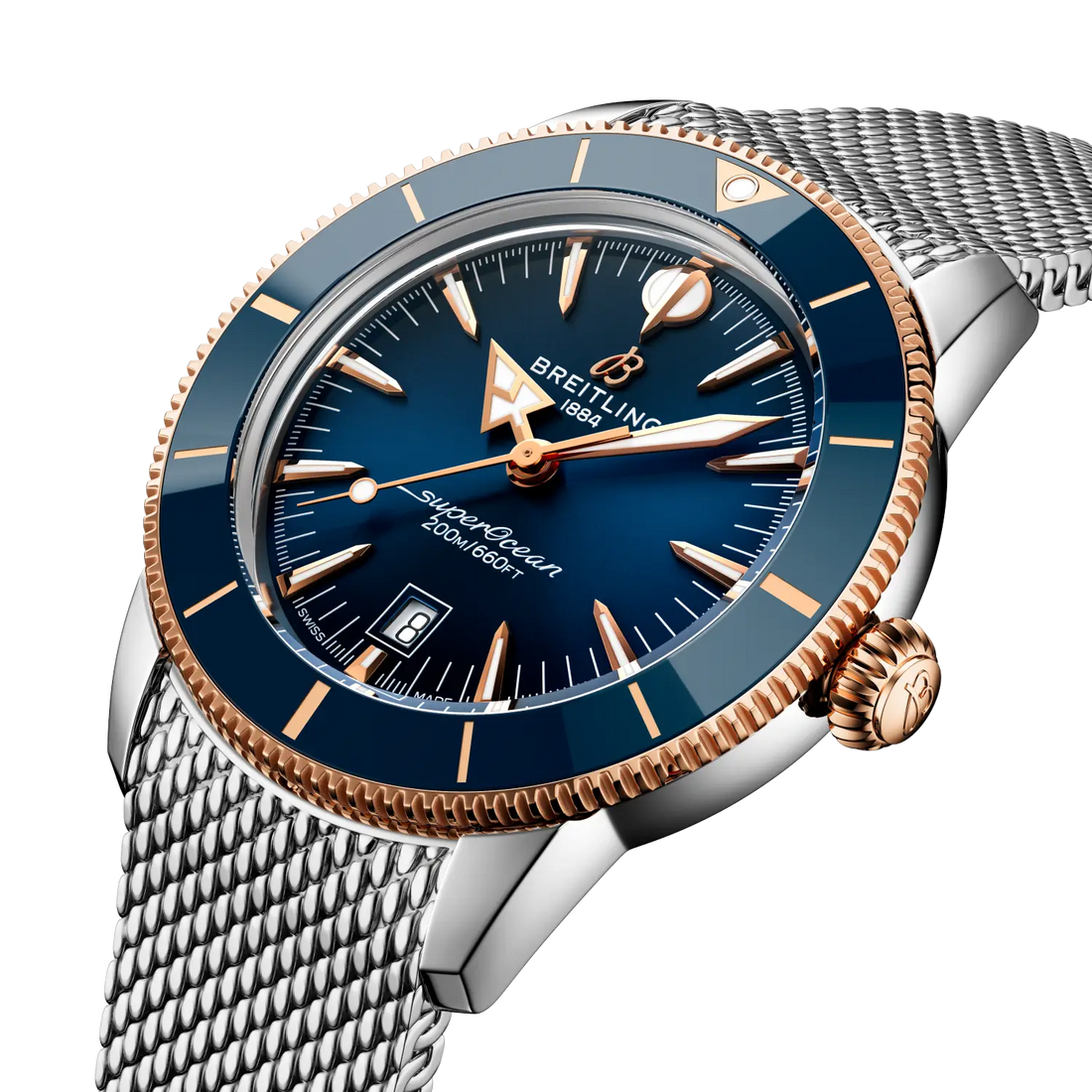 Breitling Superocean Heritage B31 Automatic 44 reference UB3112161C1A1 with Blue dial, Stainless steel & 18k red gold case, bracelet, front view