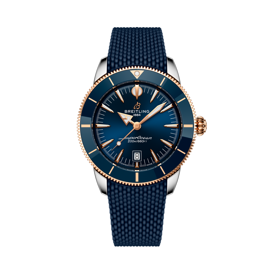 Breitling Superocean Heritage B31 Automatic 44 reference UB3112161C1S1 with Blue dial, Stainless steel & 18k red gold case, blue rubber strap, front view