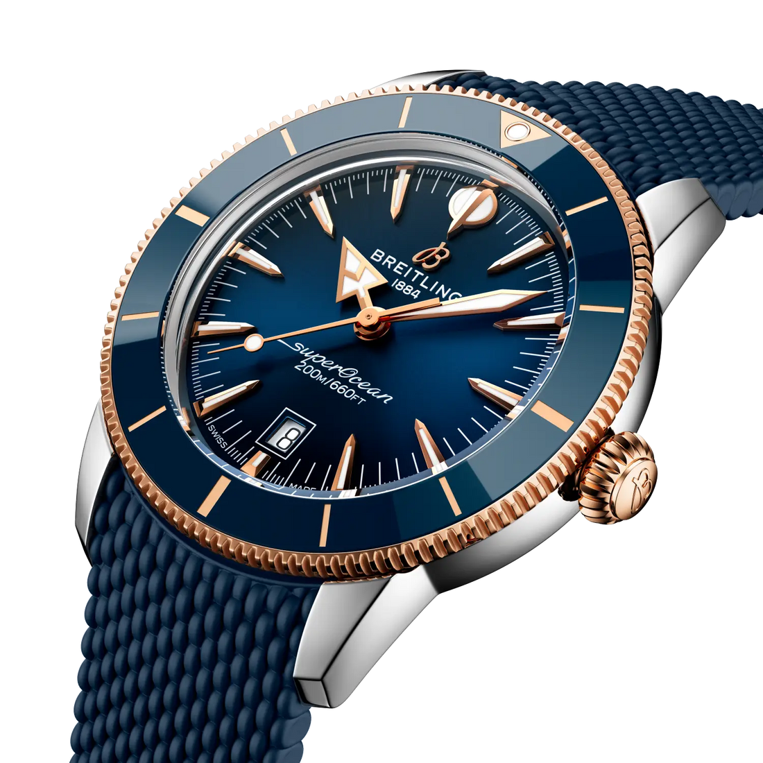 Breitling Superocean Heritage B31 Automatic 44 reference UB3112161C1S1 with Blue dial, Stainless steel & 18k red gold case, blue rubber strap, front view