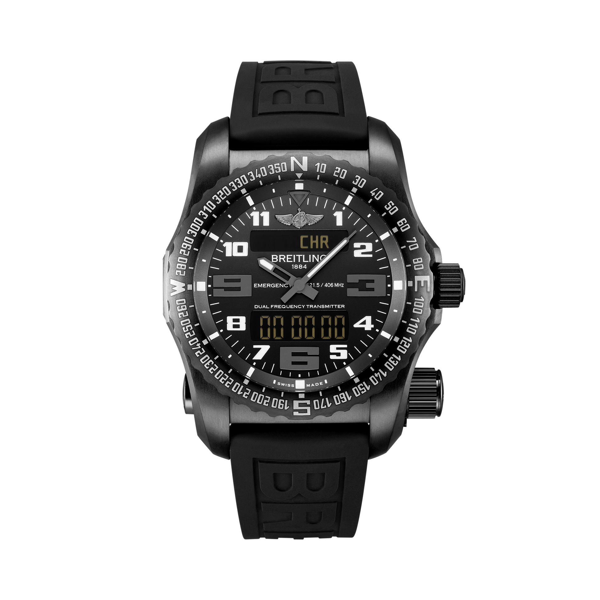 Breitling Emergency reference V76325221B1S1 with Black dial, DLC-coated titanium case, rubber strap, front view