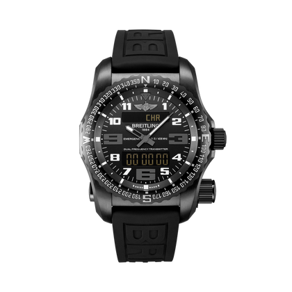 Breitling Emergency reference V76325221B1S1 with Black dial, DLC-coated titanium case, rubber strap, front view