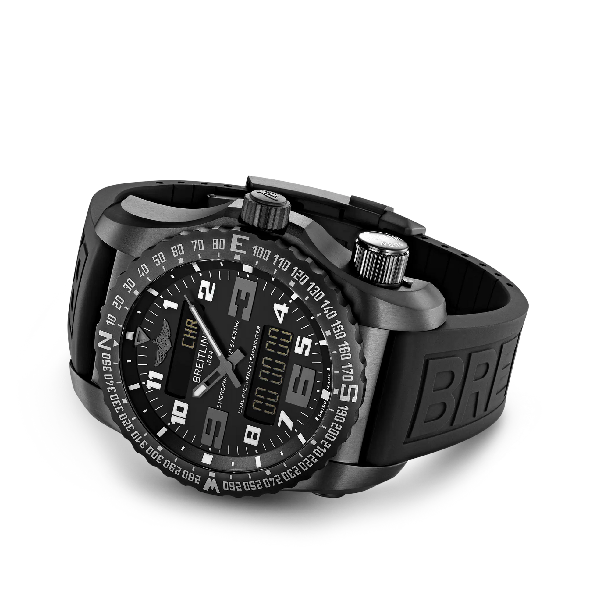 Breitling Emergency reference V76325221B1S1 with Black dial, DLC-coated titanium case, rubber strap, bracelet or strap configuration view