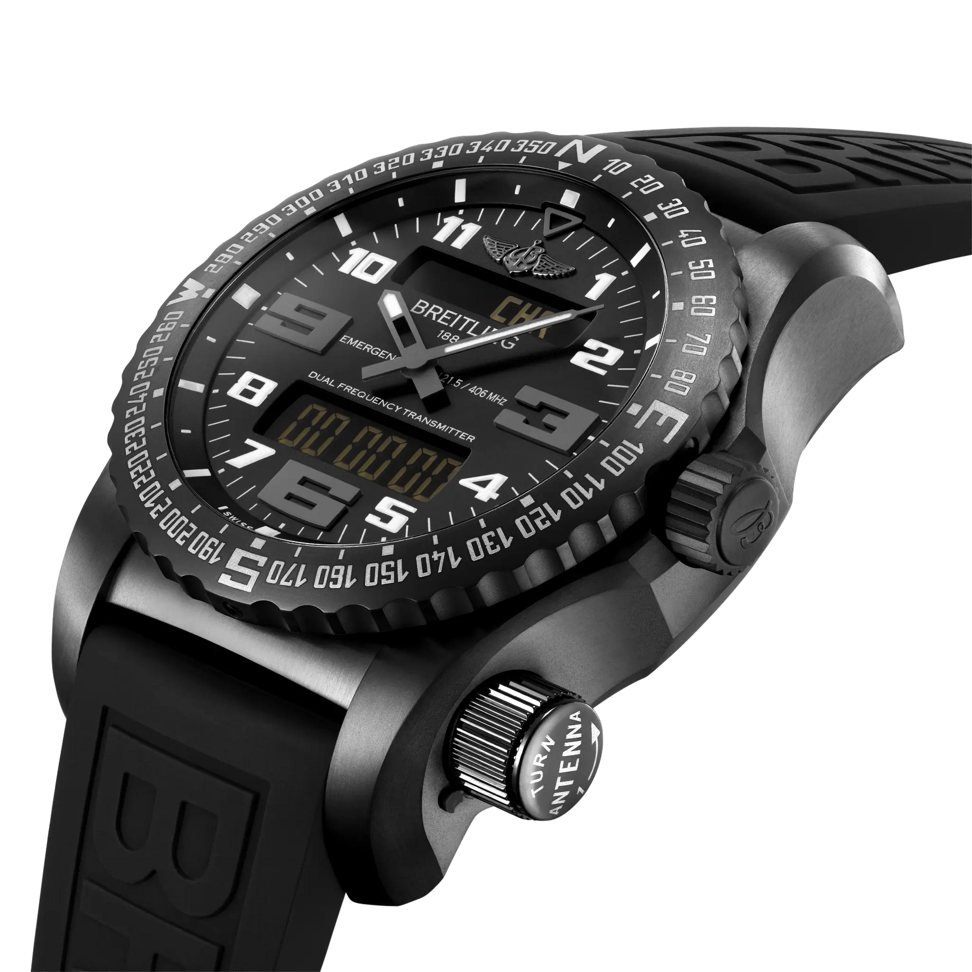 Breitling Emergency reference V76325221B1S1 with Black dial, DLC-coated titanium case, rubber strap, three-quarter view