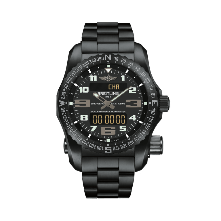 Breitling Emergency reference V76325221B1V1 with Black dial, DLC-coated titanium case, bracelet, front view