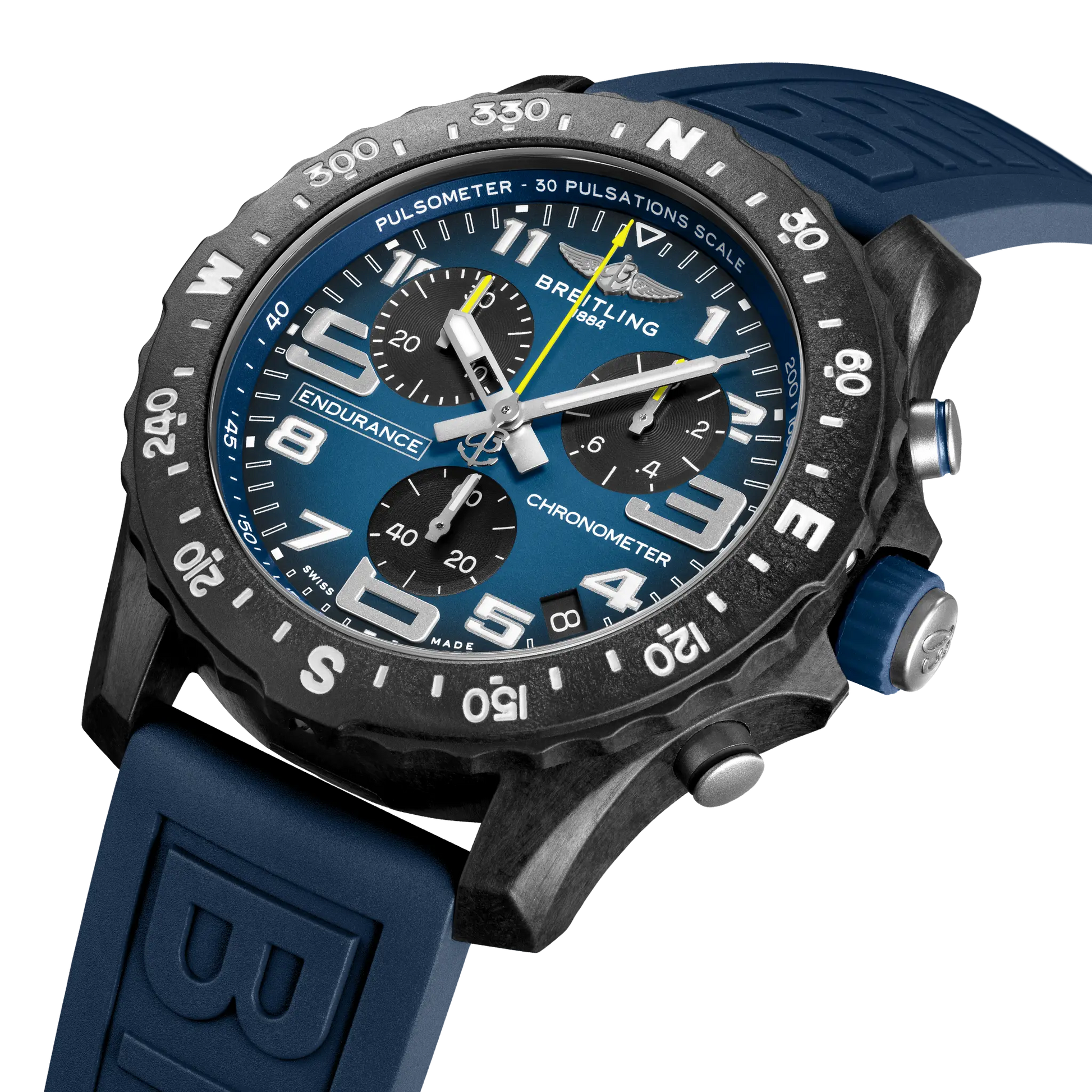 Breitling Endurance Pro 44 reference X823101G1C1S1 with Blue dial, Breitlight® case, rubber strap, three-quarter view