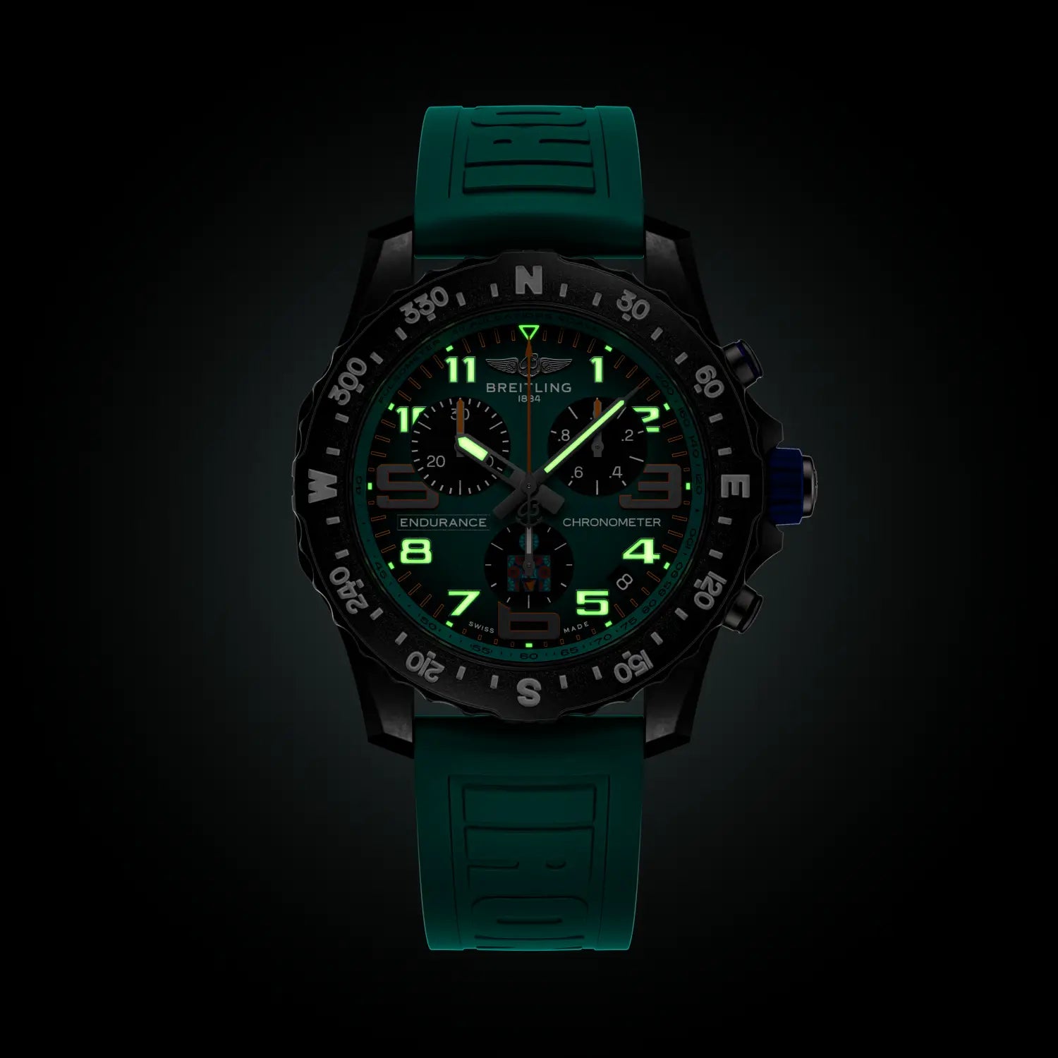 Breitling Endurance Pro 44 IRONMAN® 70.3 World Championship 2025 reference X823101K1C1S1 with Blue dial, Breitlight® case, rubber strap, illuminated dial view