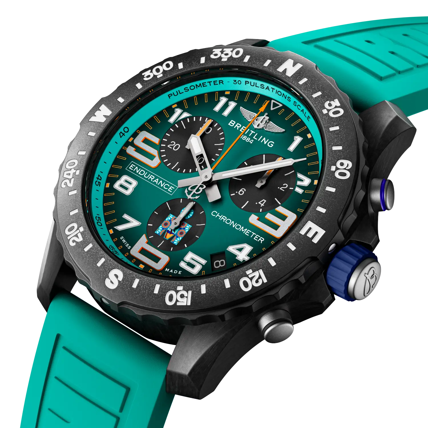Breitling Endurance Pro 44 IRONMAN® 70.3 World Championship 2025 reference X823101K1C1S1 with Blue dial, Breitlight® case, rubber strap, three-quarter view