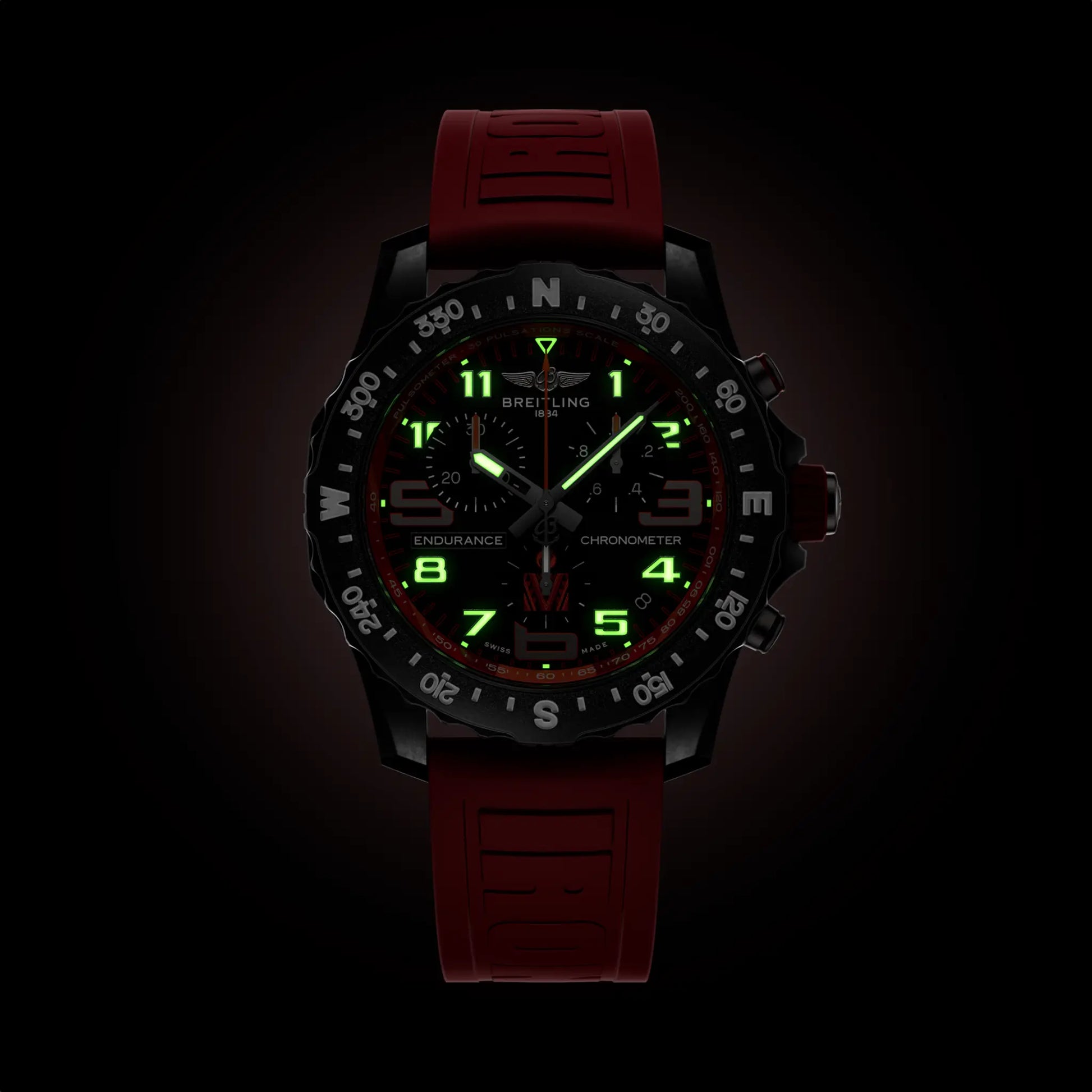 Breitling Endurance Pro 44 IRONMAN® 70.3 World Championship 2024 reference X823107C1M1S1 with Anthracite dial, Breitlight® case, rubber strap, illuminated dial view