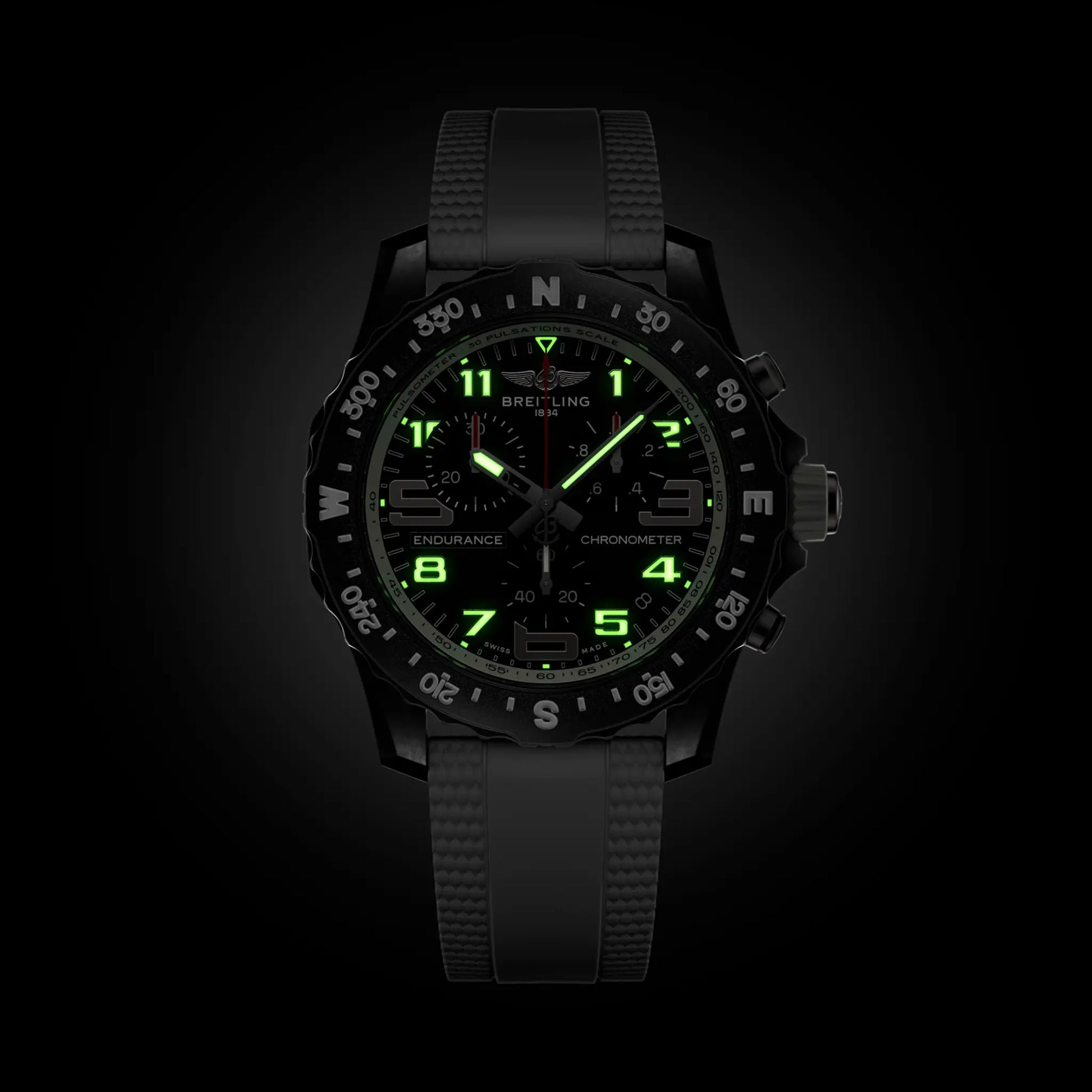 Breitling Endurance Pro 44 reference X82310A71B1S2 with Black dial, Breitlight® case, rubber strap, illuminated dial view