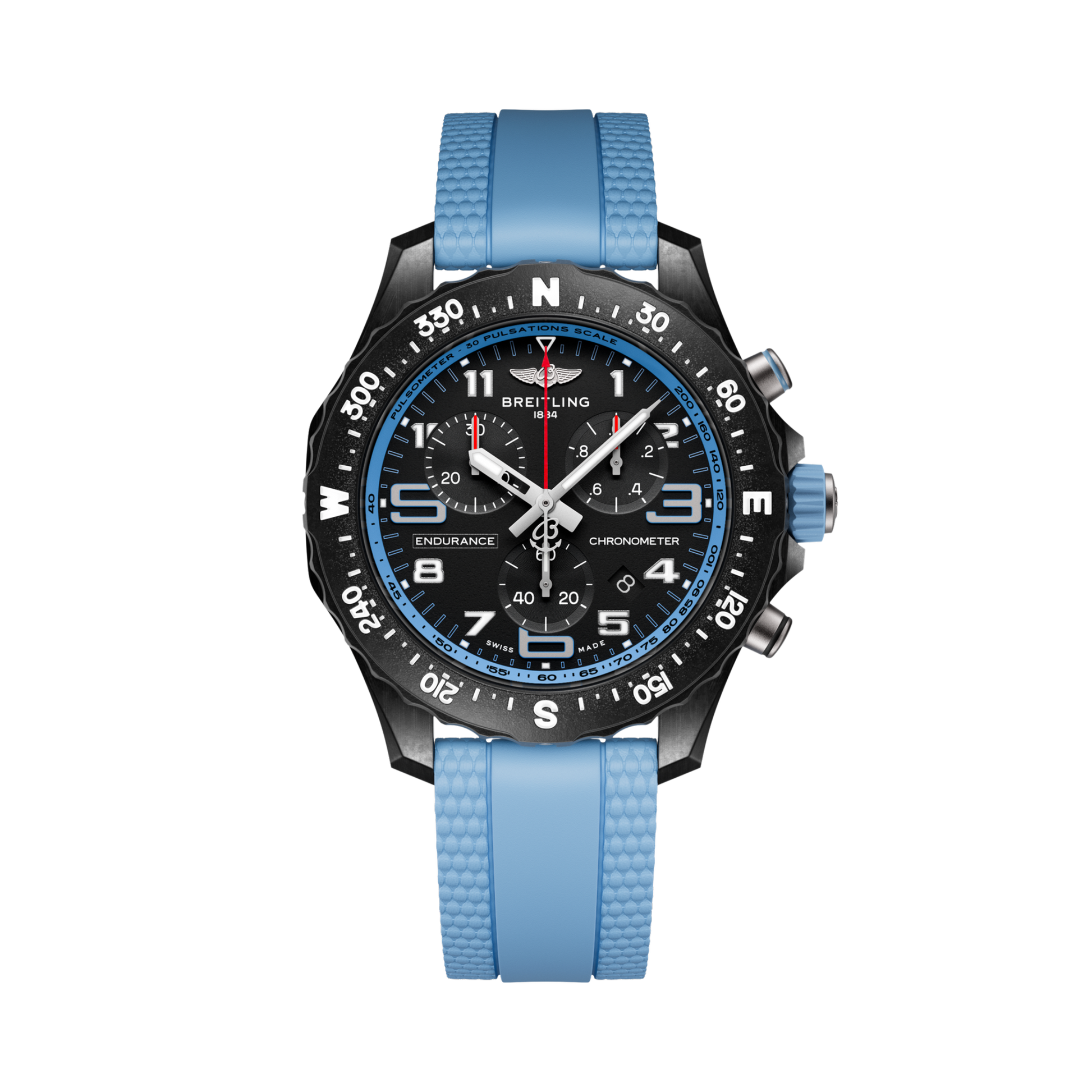 Breitling Endurance Pro 38 reference X83310281B1S1 with Black dial, Breitlight® case, blue rubber strap, front view