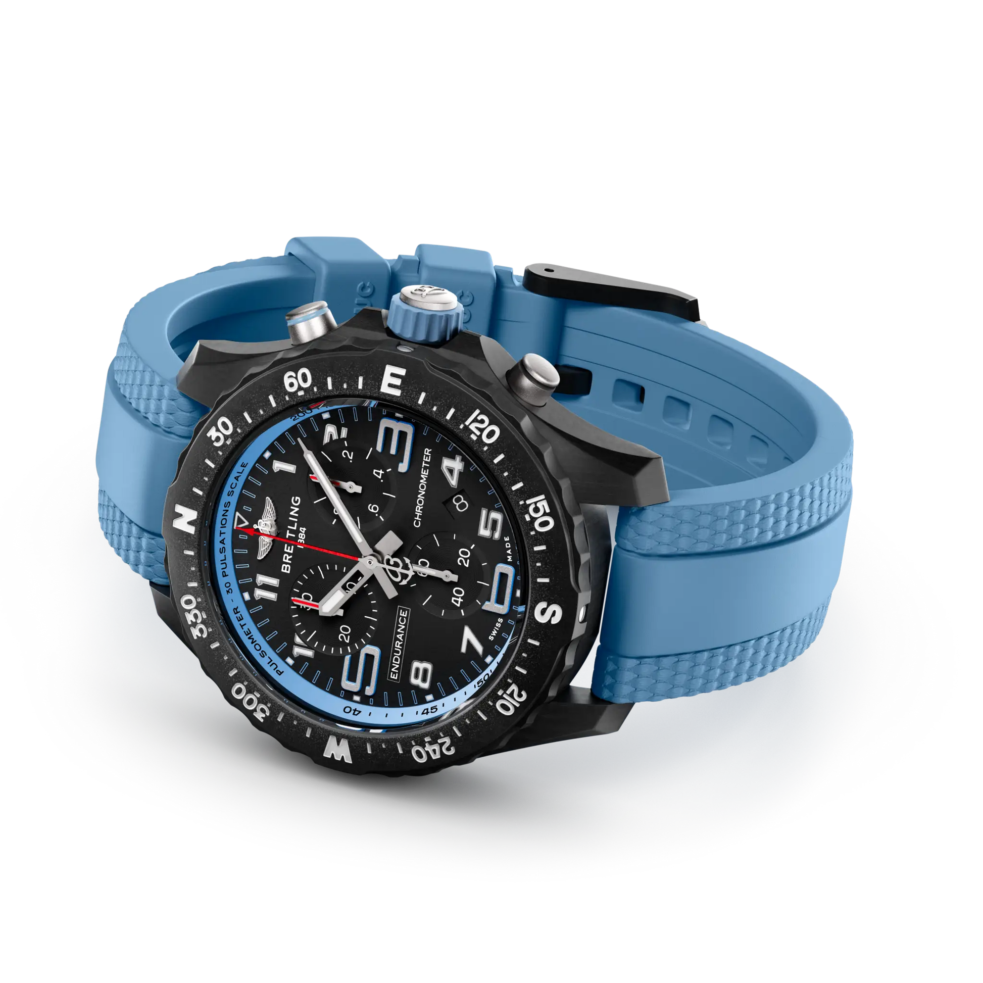 Breitling Endurance Pro 38 reference X83310281B1S1 with Black dial, Breitlight® case, blue rubber strap, bracelet or strap configuration view