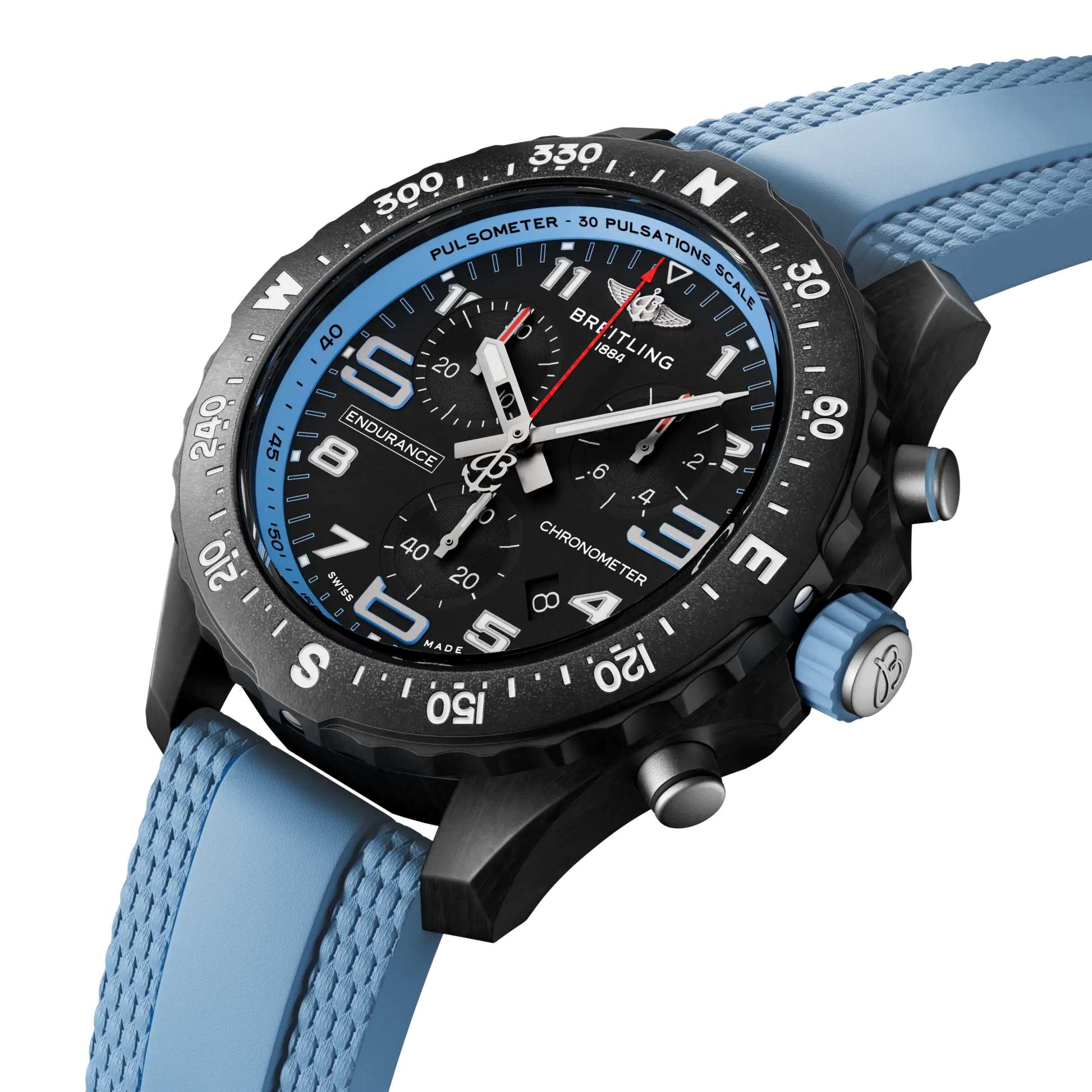 Breitling Endurance Pro 38 reference X83310281B1S1 with Black dial, Breitlight® case, blue rubber strap, three-quarter view
