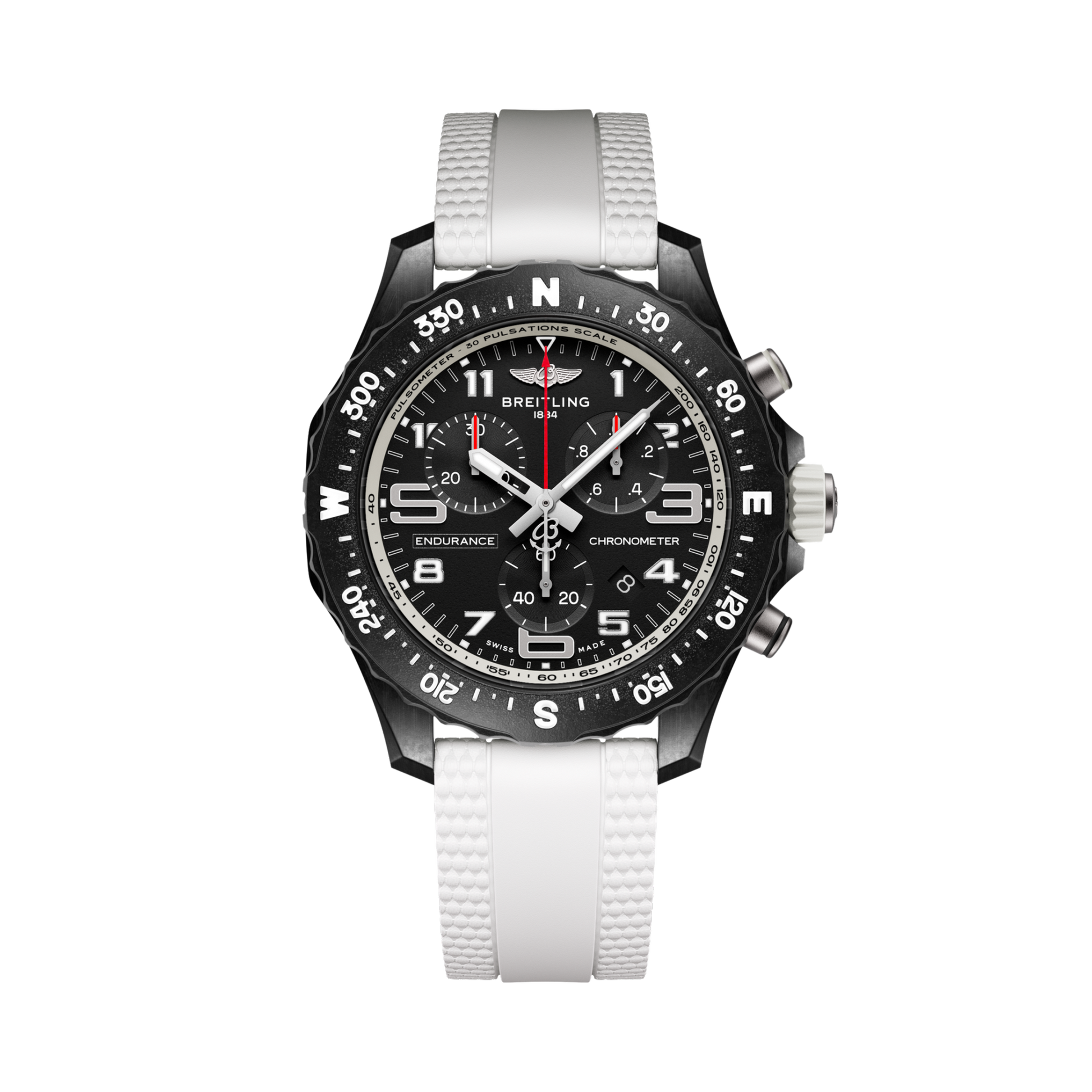Breitling Endurance Pro 38 reference X83310A71B1S1 with Black dial, Breitlight® case, white rubber strap, front view