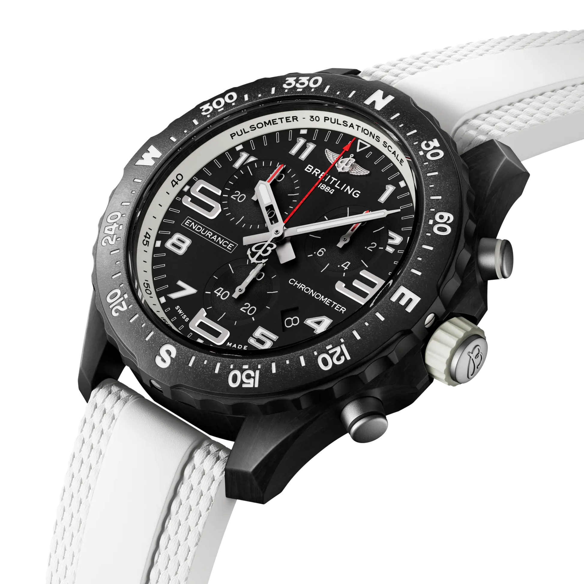 Breitling Endurance Pro 38 reference X83310A71B1S1 with Black dial, Breitlight® case, white rubber strap, three-quarter view