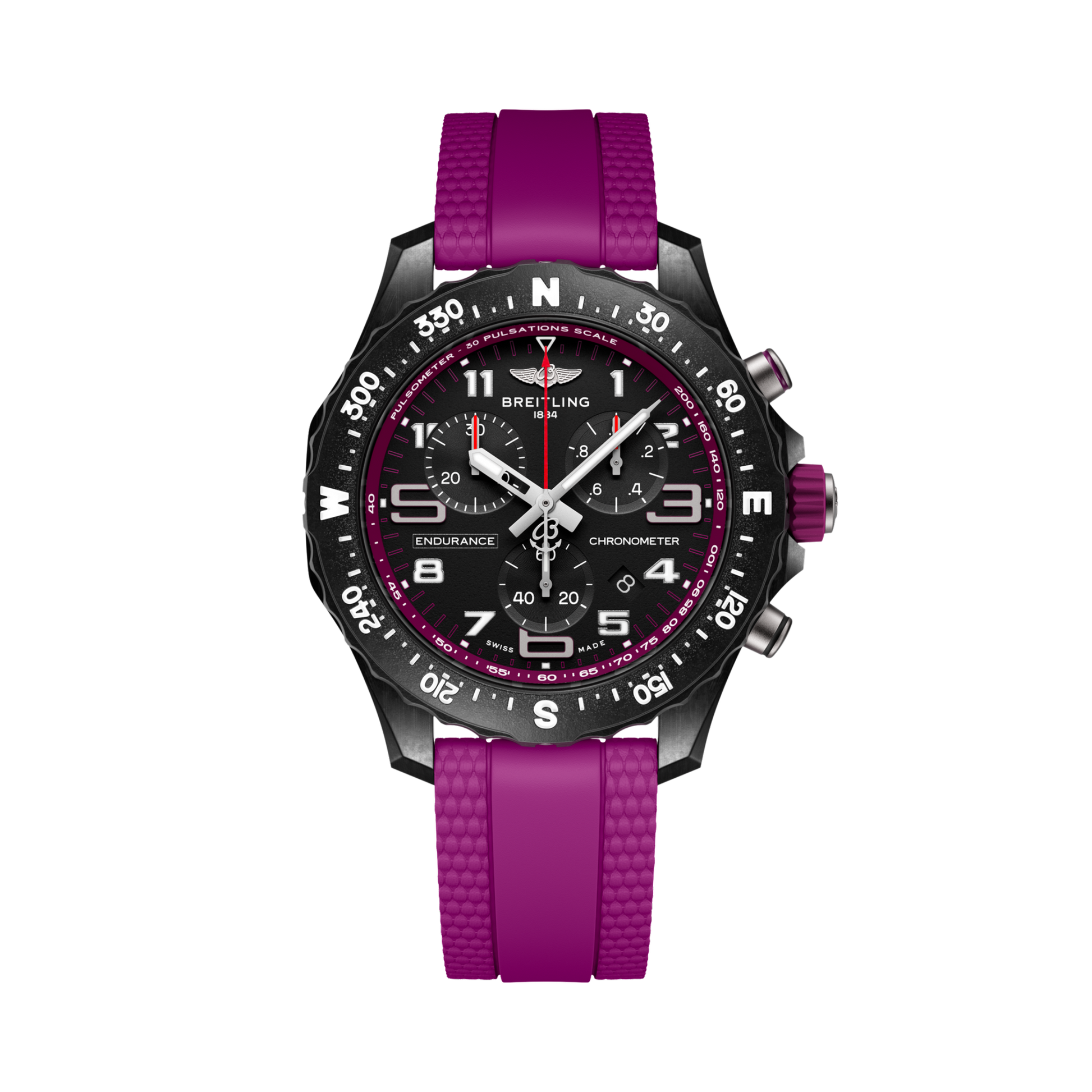 Breitling Endurance Pro 38 reference X83310F61B1S1 with Black dial, Breitlight® case, purple rubber strap, front view
