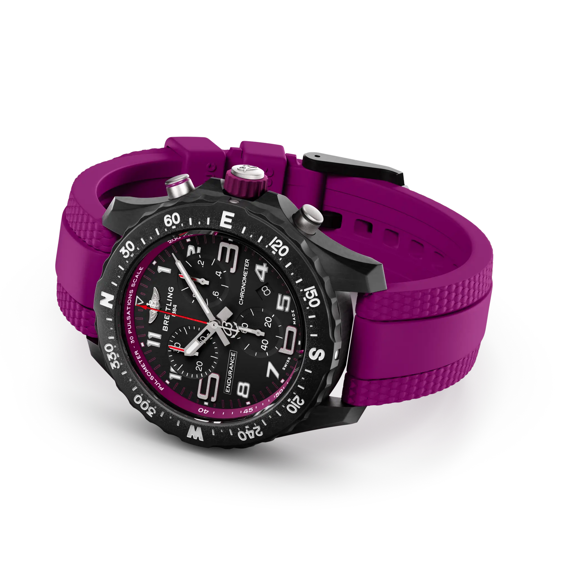 Breitling Endurance Pro 38 reference X83310F61B1S1 with Black dial, Breitlight® case, purple rubber strap, bracelet or strap configuration view