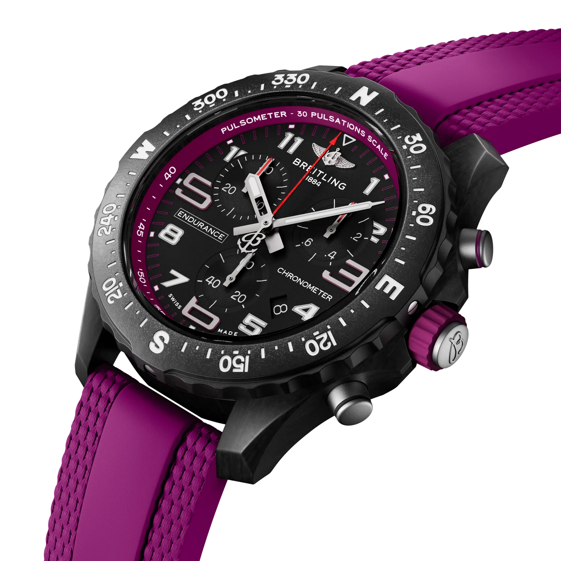 Breitling Endurance Pro 38 reference X83310F61B1S1 with Black dial, Breitlight® case, purple rubber strap, three-quarter view