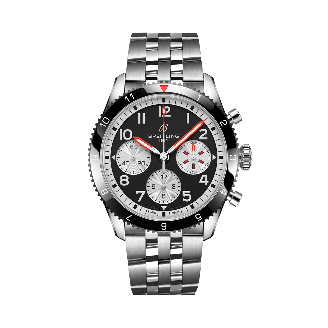 Breitling Classic AVI Chronograph 42 Mosquito reference Y233801A1B1A1 with Black dial, Stainless steel case, bracelet, front view