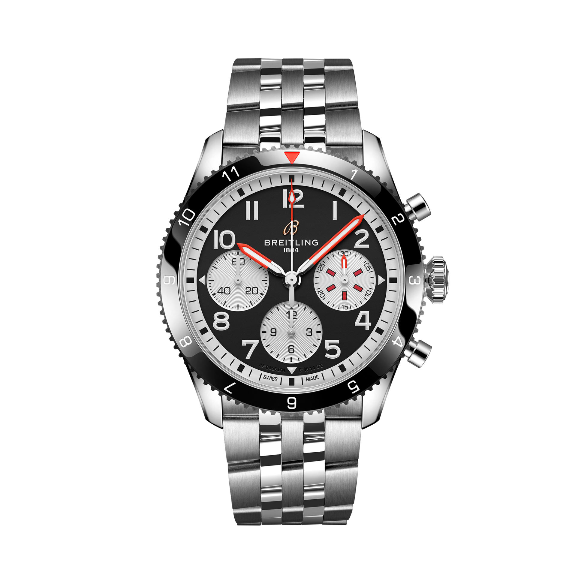 Breitling Classic AVI Chronograph 42 Mosquito reference Y233801A1B1A1 with Black dial, Stainless steel case, bracelet, front view