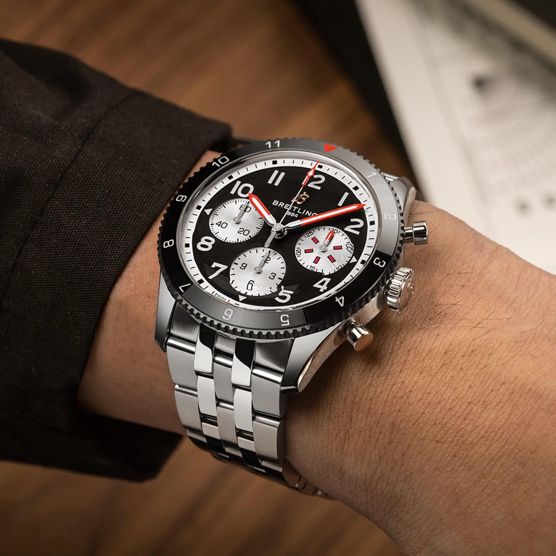 Breitling Classic AVI Chronograph 42 Mosquito reference Y233801A1B1A1 with Black dial, Stainless steel case, bracelet, on-wrist view