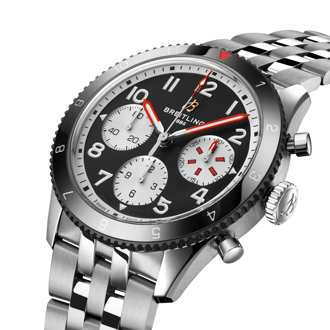 Breitling Classic AVI Chronograph 42 Mosquito reference Y233801A1B1A1 with Black dial, Stainless steel case, bracelet, three-quarter view
