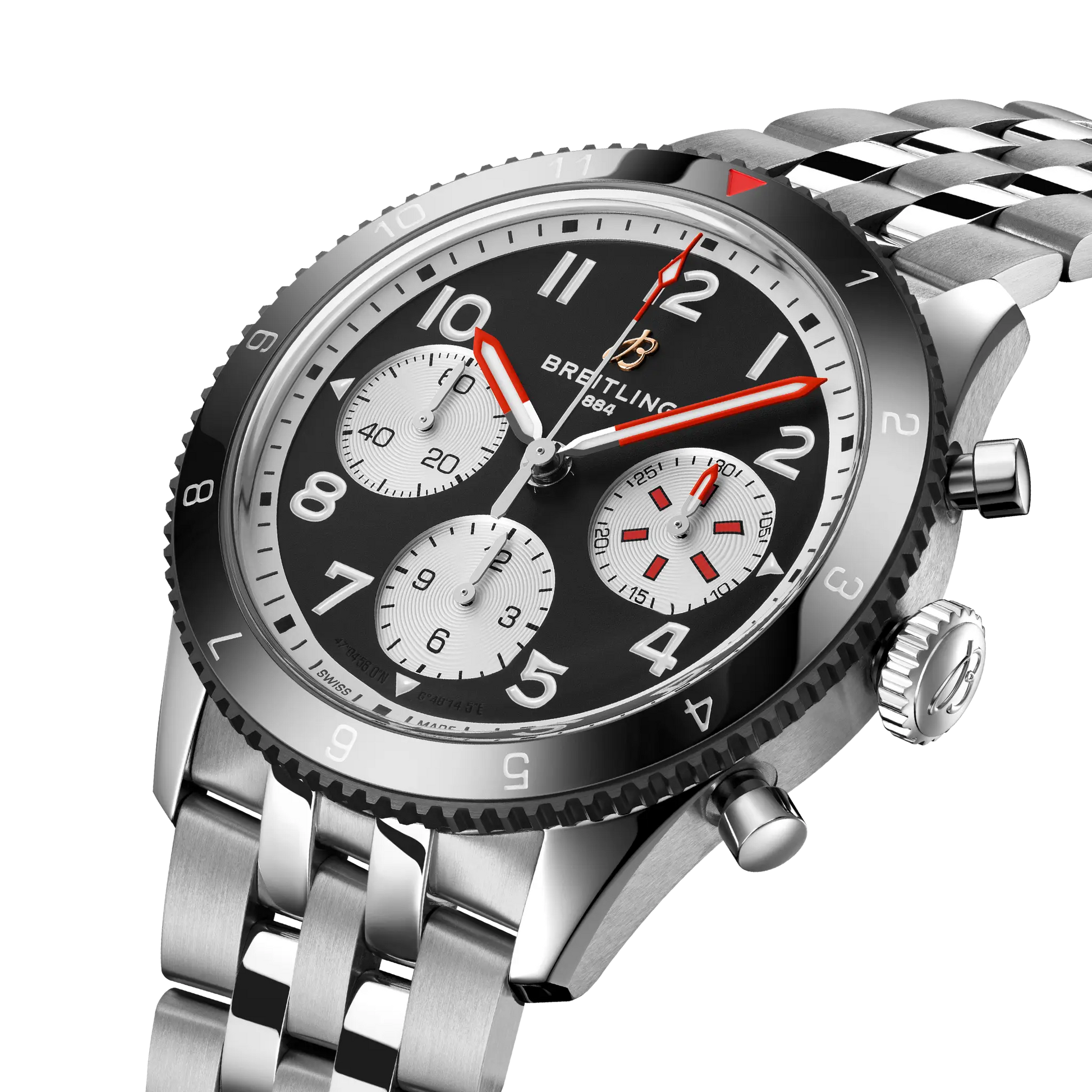 Breitling Classic AVI Chronograph 42 Mosquito reference Y233801A1B1A1 with Black dial, Stainless steel case, bracelet, three-quarter view