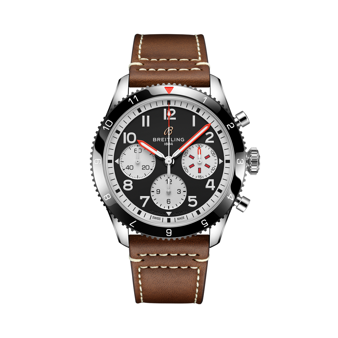 Breitling Classic AVI Chronograph 42 Mosquito reference Y233801A1B1X1 with Black dial, Stainless steel case, calfskin strap, front view