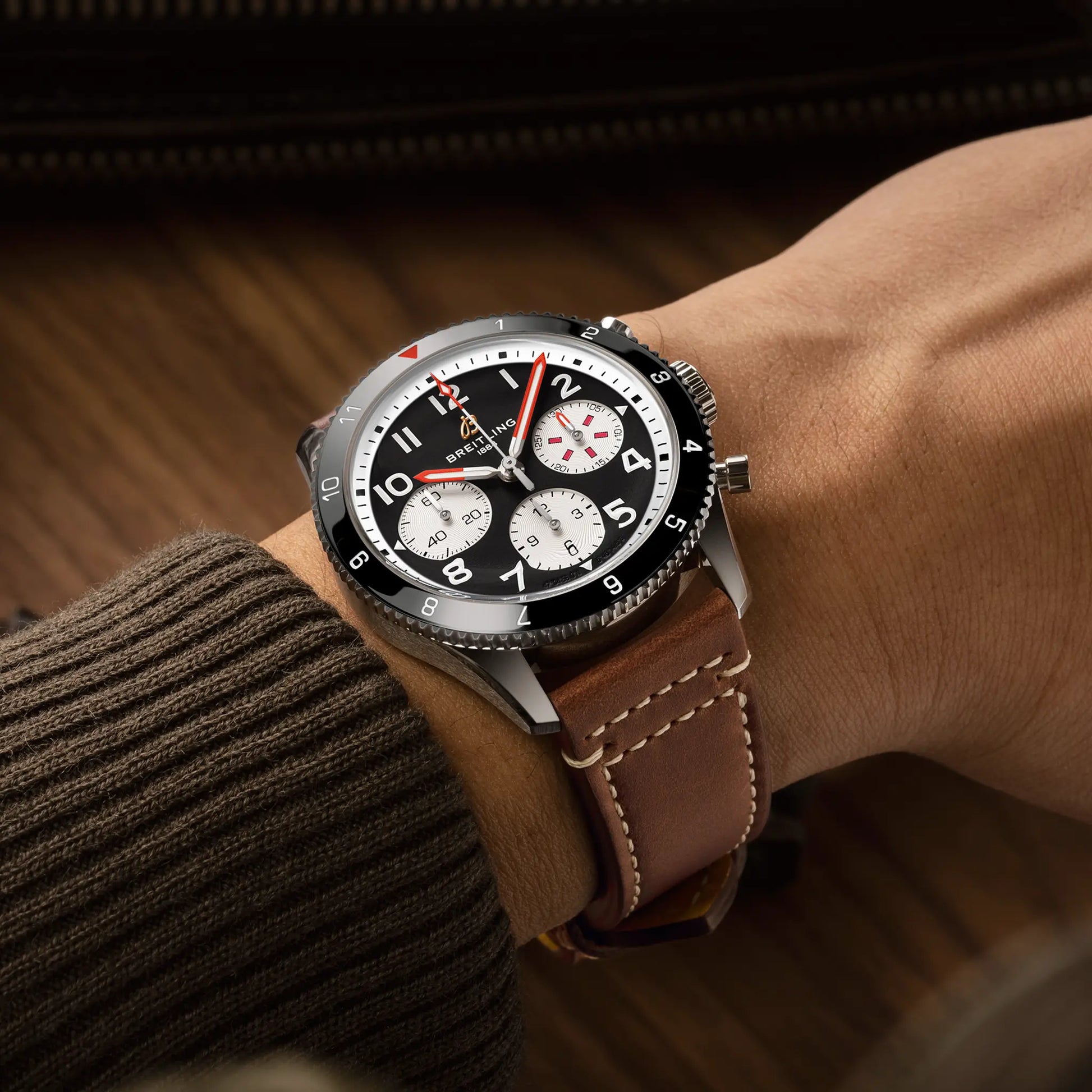 Breitling Classic AVI Chronograph 42 Mosquito reference Y233801A1B1X1 with Black dial, Stainless steel case, calfskin strap, on-wrist view