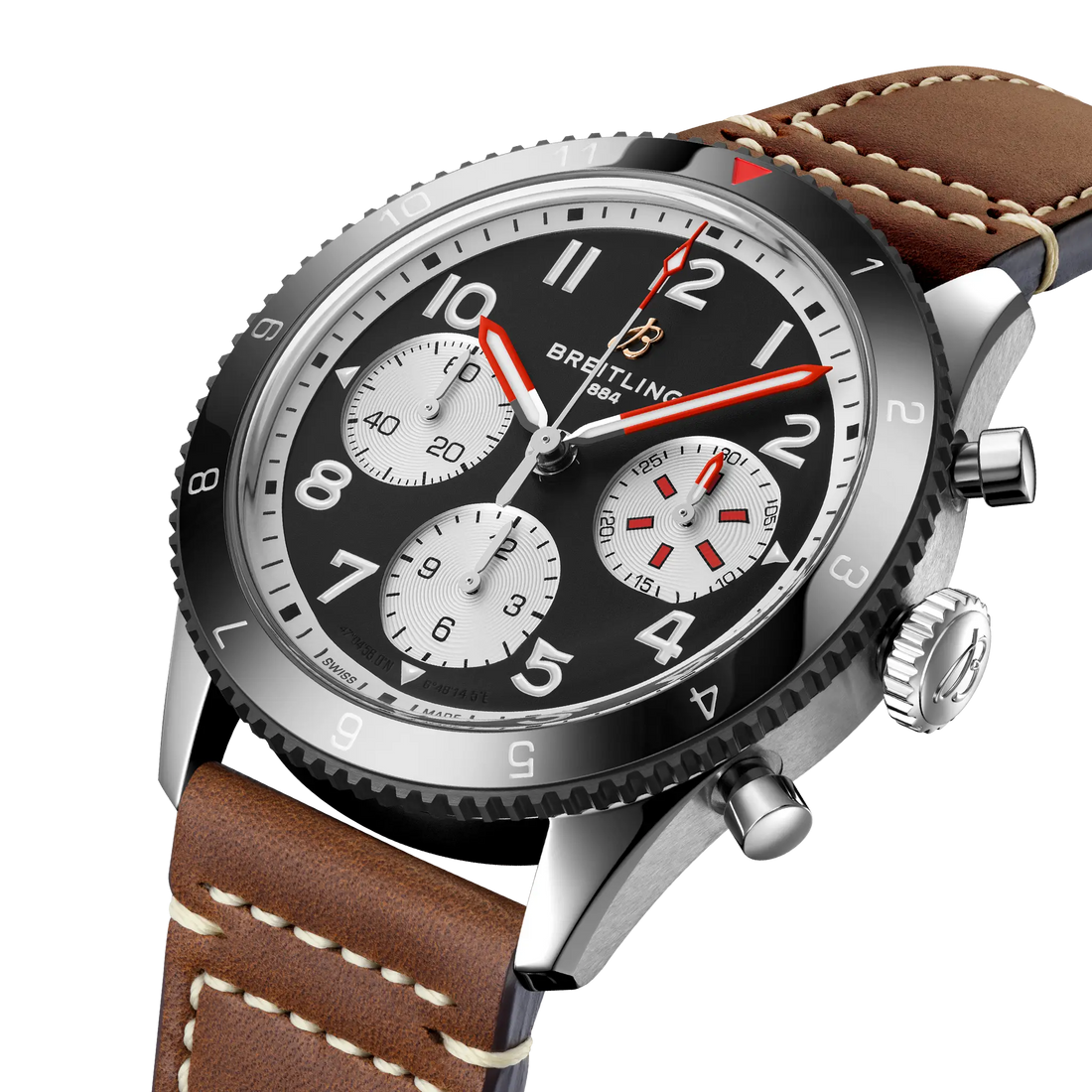 Breitling Classic AVI Chronograph 42 Mosquito reference Y233801A1B1X1 with Black dial, Stainless steel case, calfskin strap, three-quarter view