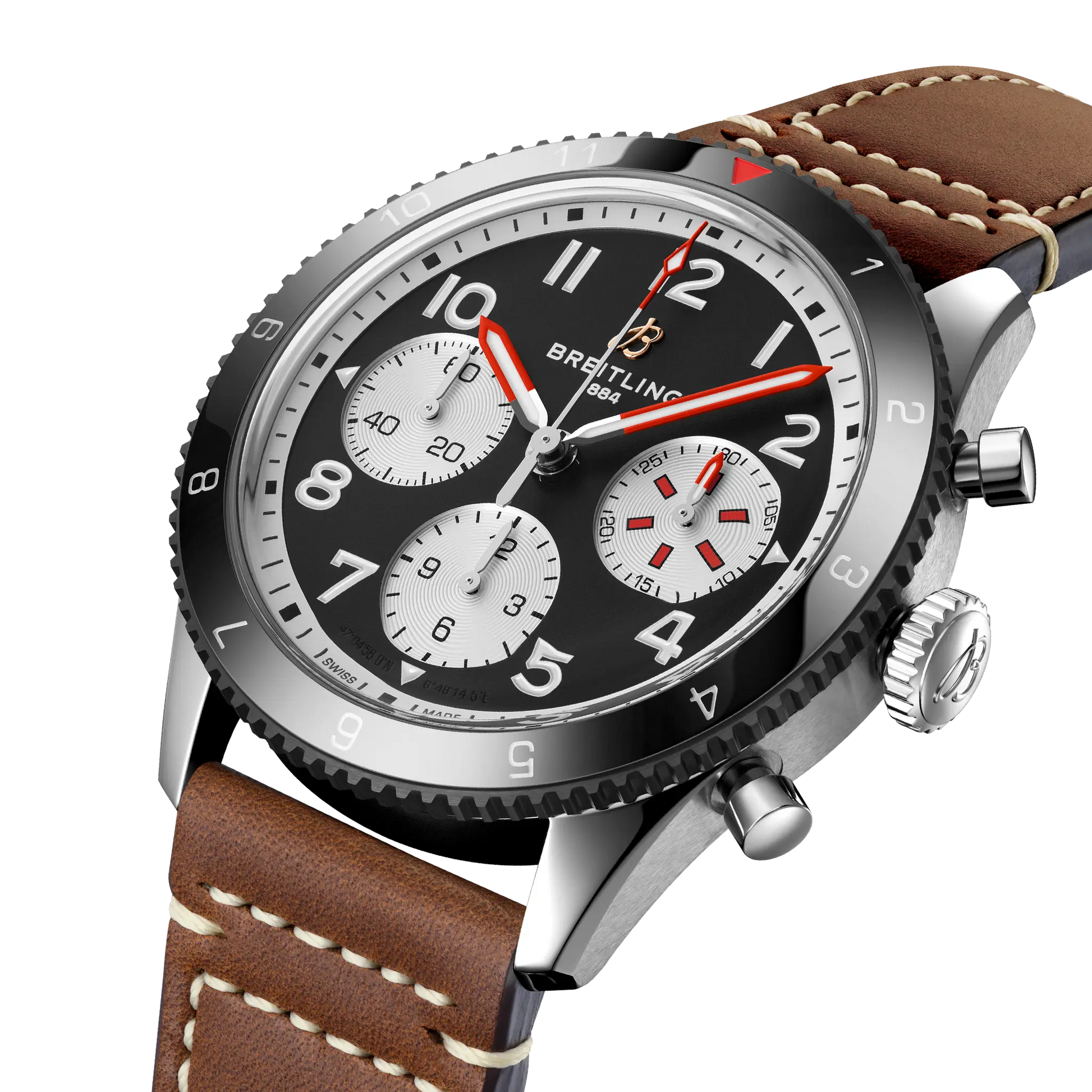 Breitling Classic AVI Chronograph 42 Mosquito reference Y233801A1B1X1 with Black dial, Stainless steel case, calfskin strap, three-quarter view