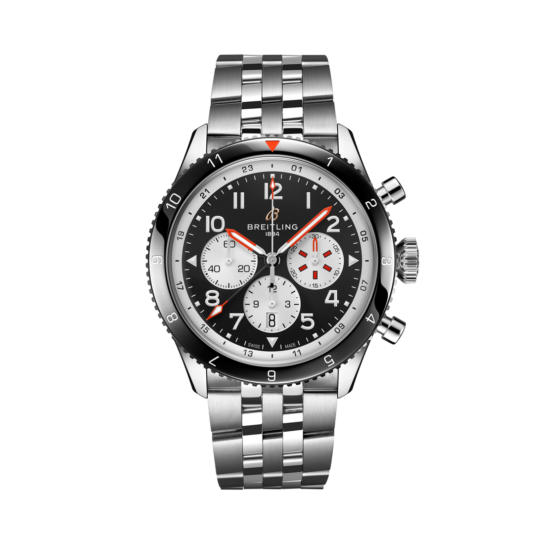 Breitling Super AVI B04 Chronograph GMT 46 Mosquito reference YB04451A1B1A1 with Black dial, Stainless steel case, bracelet, front view