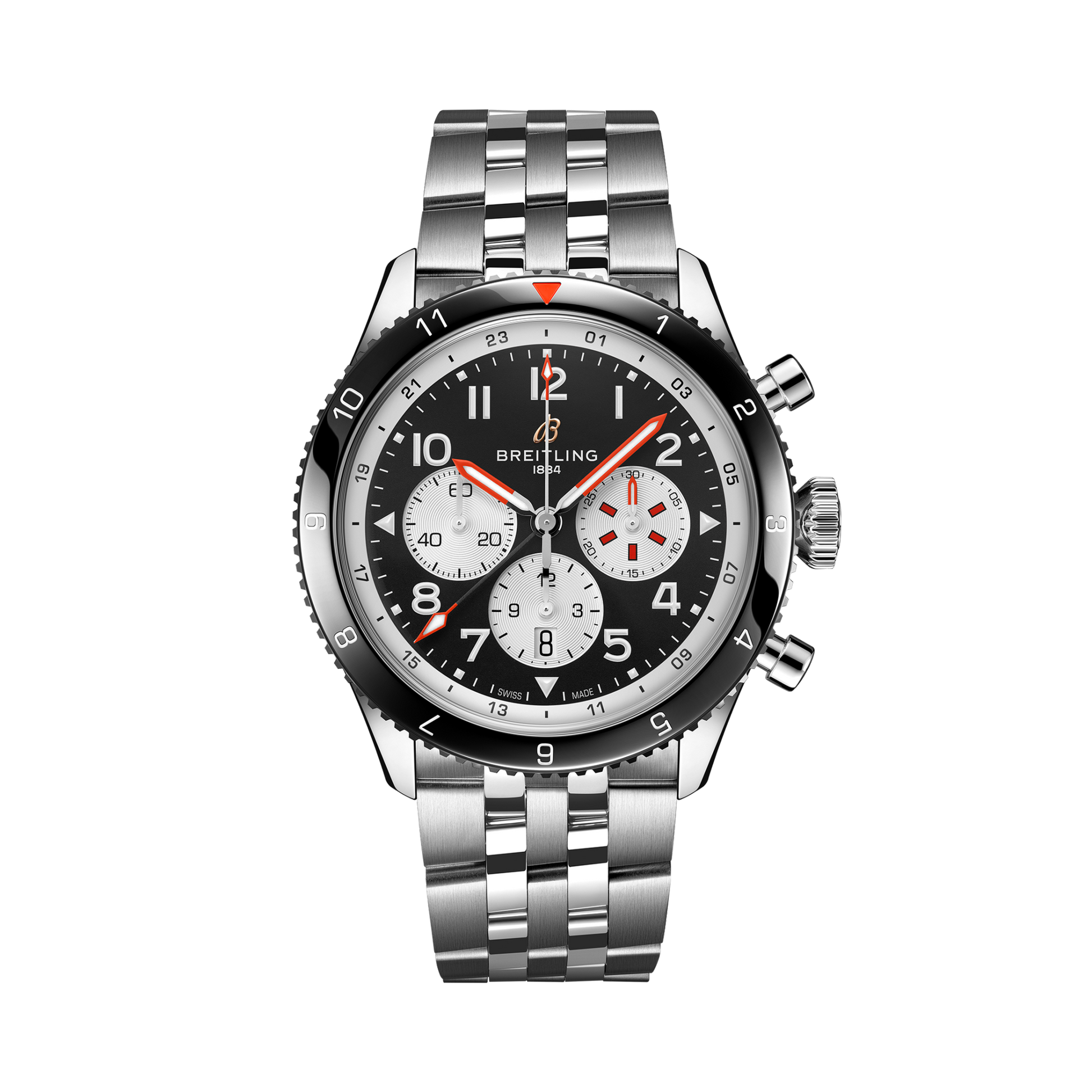 Breitling Super AVI B04 Chronograph GMT 46 Mosquito reference YB04451A1B1A1 with Black dial, Stainless steel case, bracelet, front view