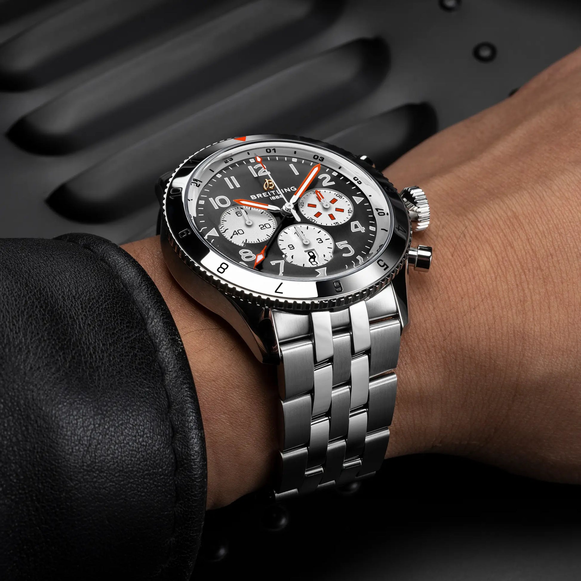 Breitling Super AVI B04 Chronograph GMT 46 Mosquito reference YB04451A1B1A1 with Black dial, Stainless steel case, bracelet, on-wrist view