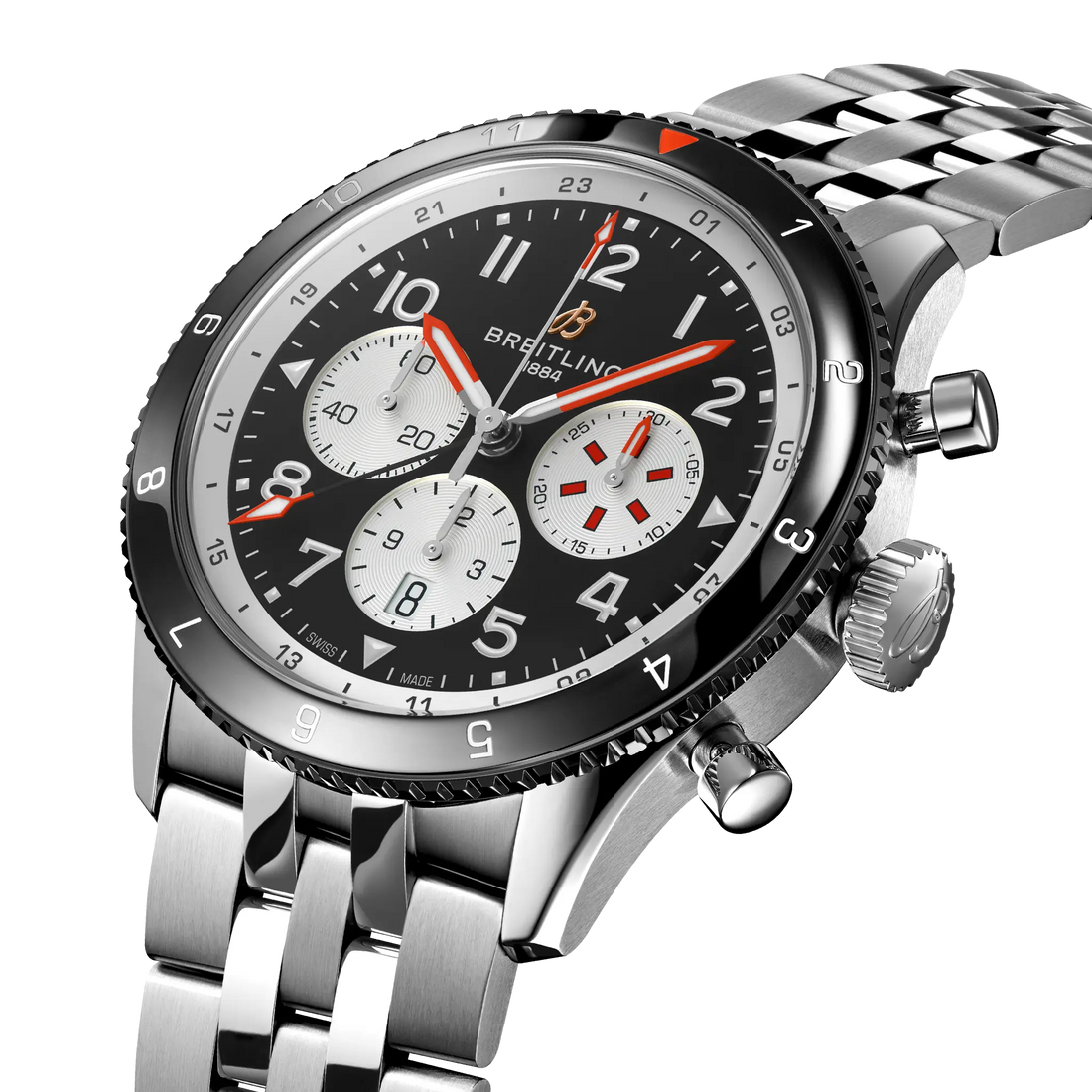 Breitling Super AVI B04 Chronograph GMT 46 Mosquito reference YB04451A1B1A1 with Black dial, Stainless steel case, bracelet, three-quarter view