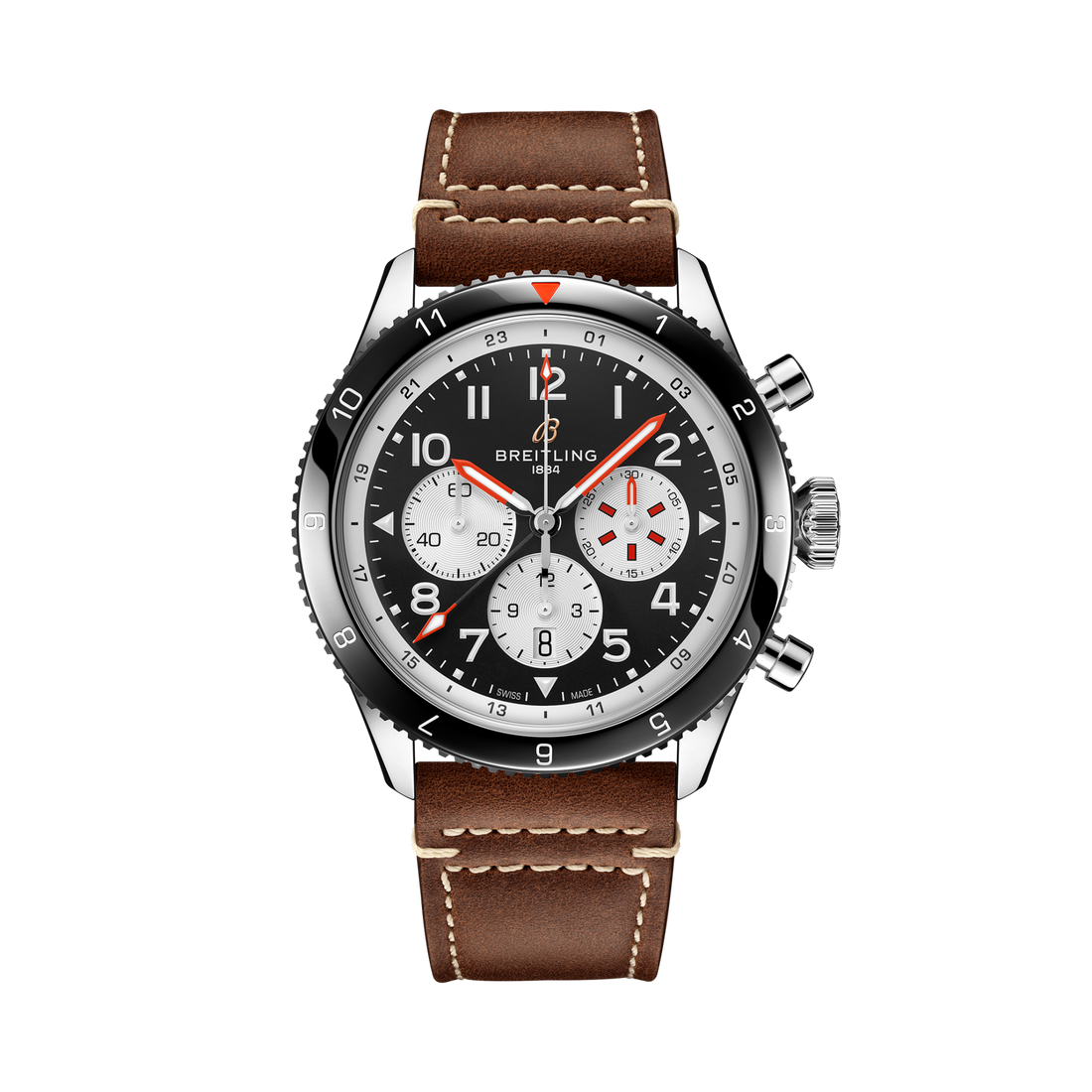 Breitling Super AVI B04 Chronograph GMT 46 Mosquito reference YB04451A1B1X1 with Black dial, Stainless steel case, brown calfskin strap, front view