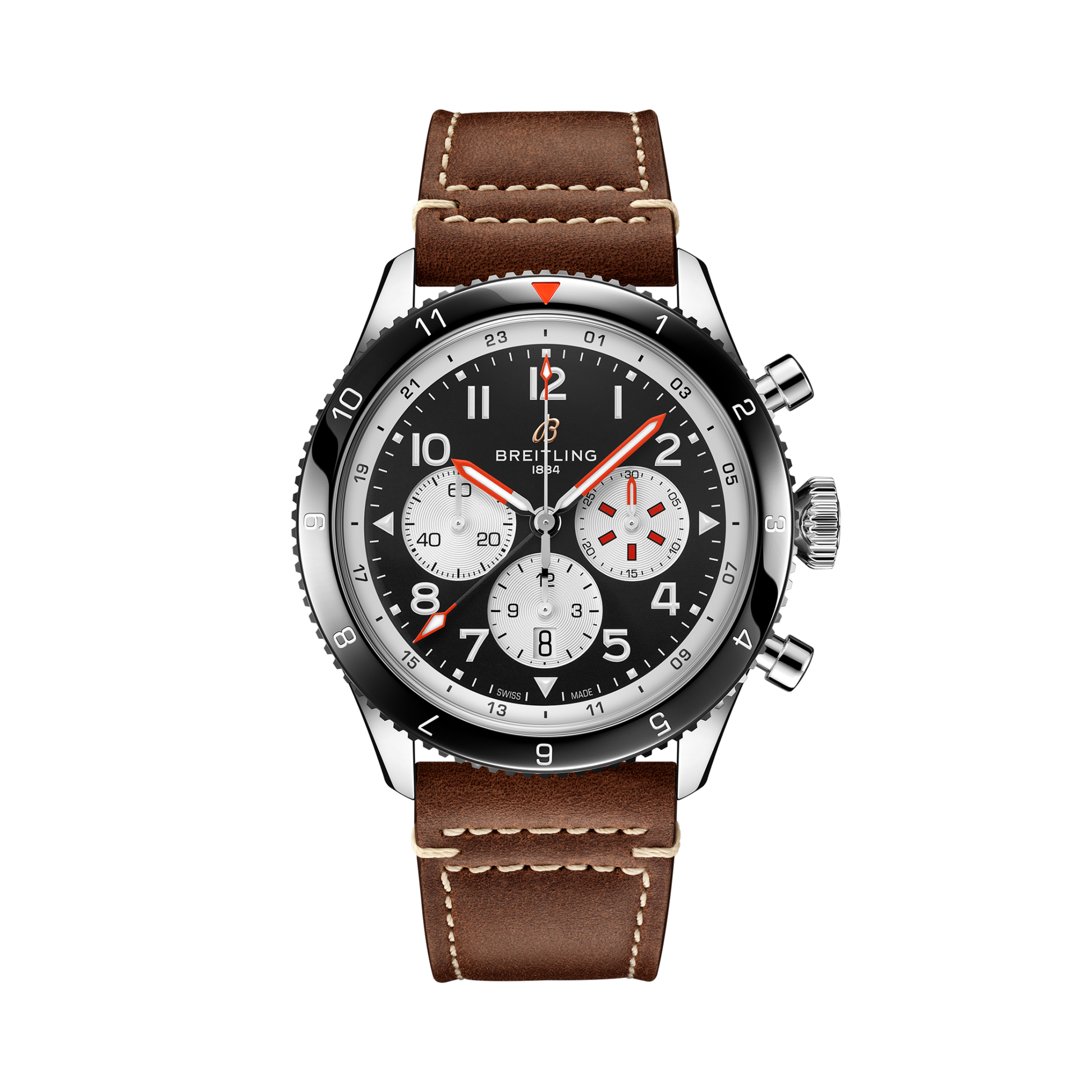 Breitling Super AVI B04 Chronograph GMT 46 Mosquito reference YB04451A1B1X1 with Black dial, Stainless steel case, brown calfskin strap, front view