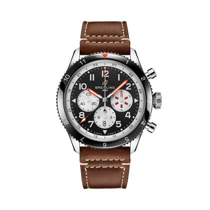 Breitling Super AVI B04 Chronograph GMT 46 Mosquito reference YB04451A1B1X1 with Black dial, Stainless steel case, brown calfskin strap, front view
