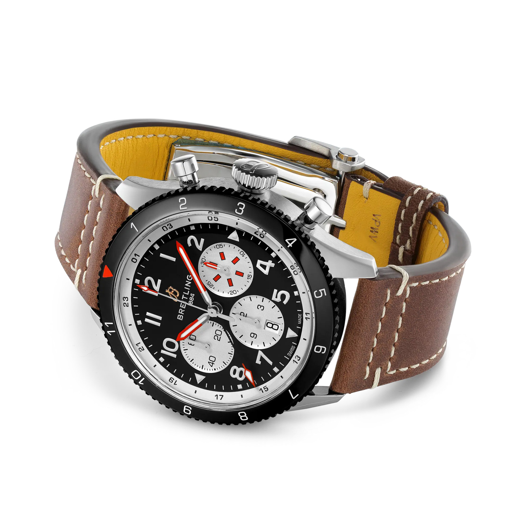 Breitling Super AVI B04 Chronograph GMT 46 Mosquito reference YB04451A1B1X1 with Black dial, Stainless steel case, brown calfskin strap, bracelet or strap configuration view
