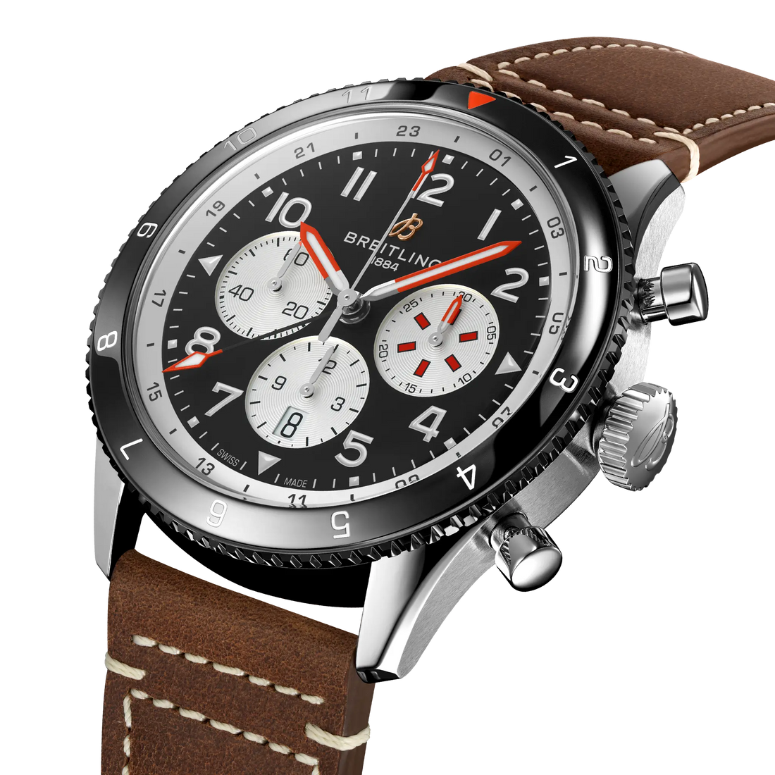 Breitling Super AVI B04 Chronograph GMT 46 Mosquito reference YB04451A1B1X1 with Black dial, Stainless steel case, brown calfskin strap, three-quarter view