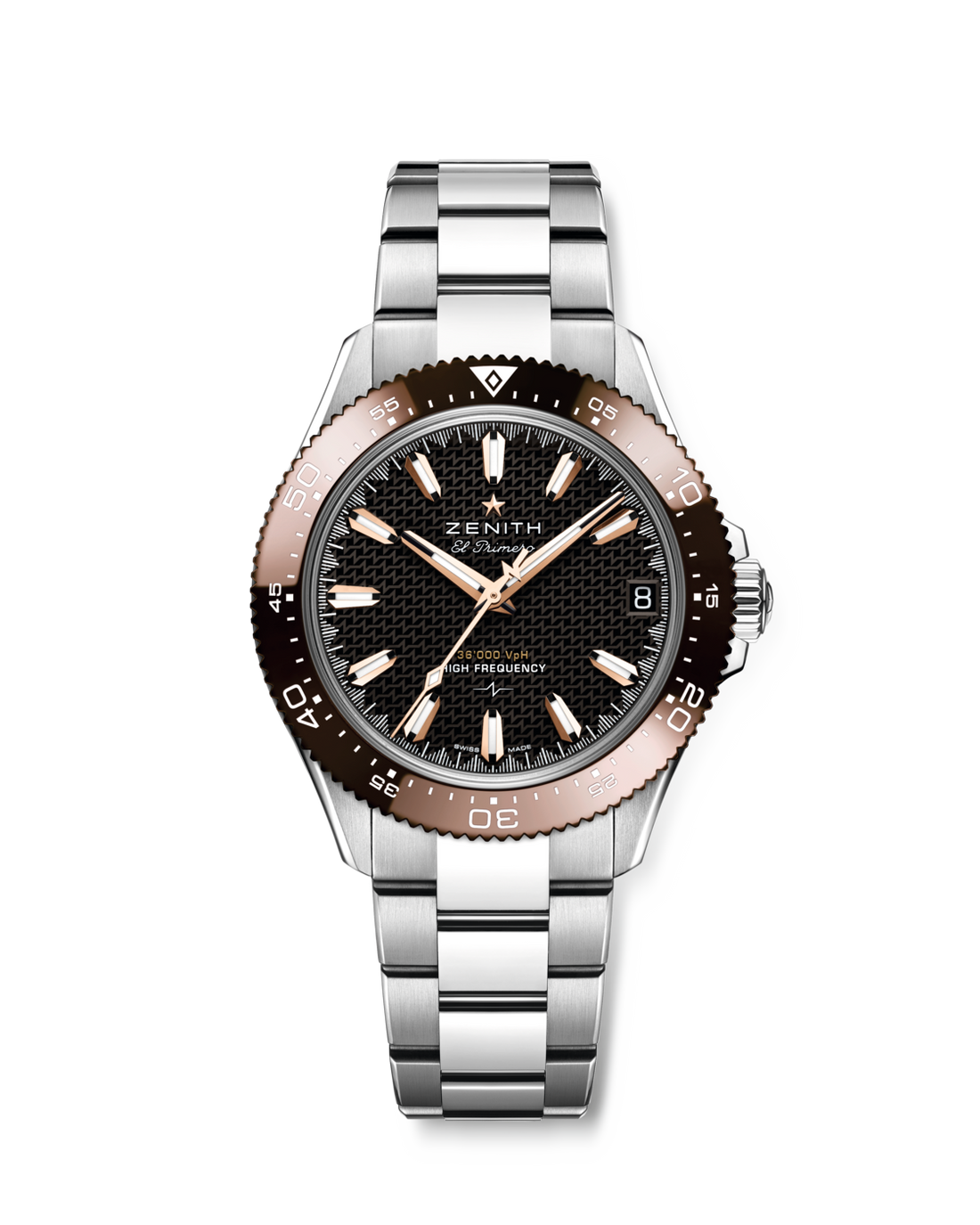 Zenith Chronomaster Solo Sport 03.5001.3620/72.M5000 with brown dial, rose-gold-tone indices and steel bracelet — manufacturer stock image