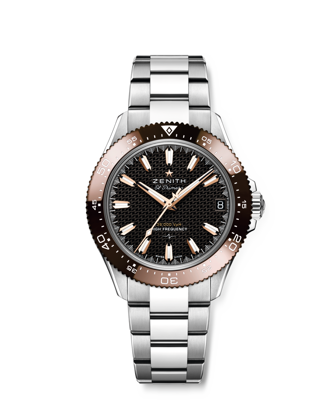 Zenith Chronomaster Solo Sport 03.5001.3620/72.M5000 with brown dial, rose-gold-tone indices and steel bracelet — manufacturer stock image